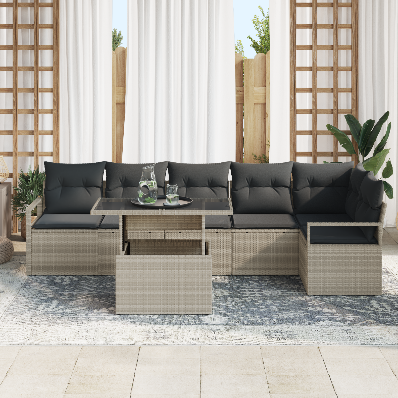 vidaXL 7-delige Tuinbankenset met kussens poly rattan lichtgrijs