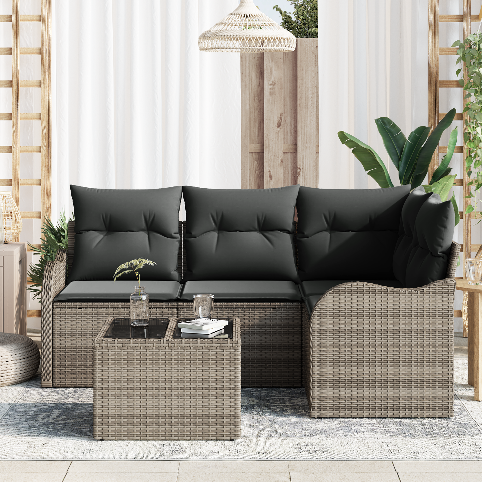 vidaXL 4-delige Tuinbankenset met kussens poly rattan zwart