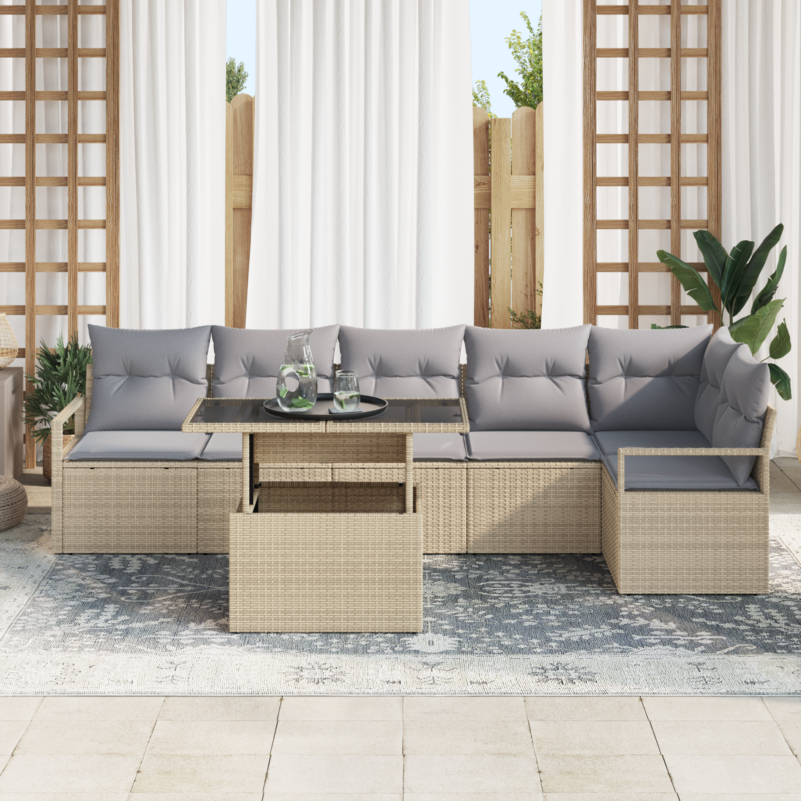 vidaXL 7-delige Tuinbankenset met kussens poly rattan beige