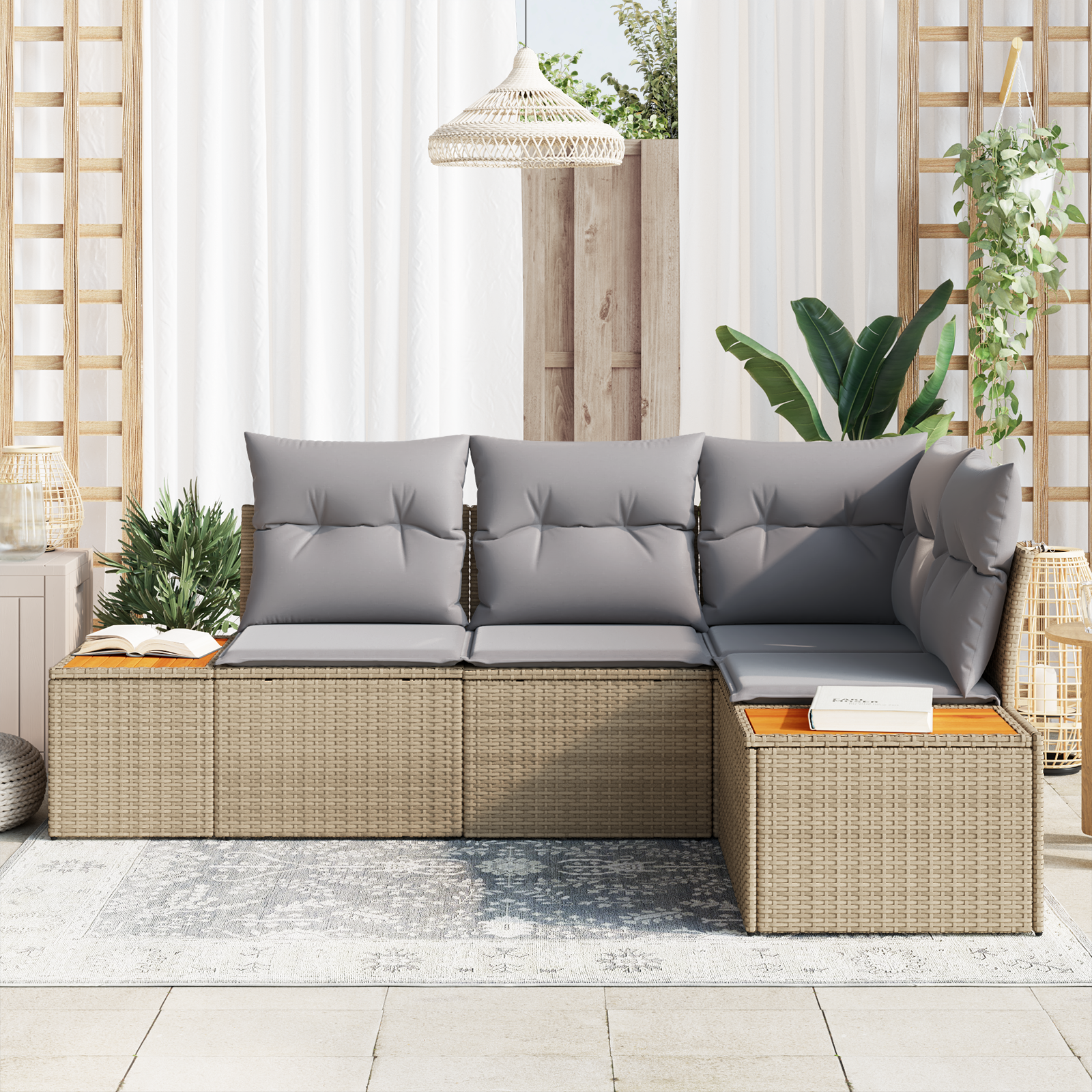 vidaXL 4-delige Tuinbankenset met kussens poly rattan acacia beige
