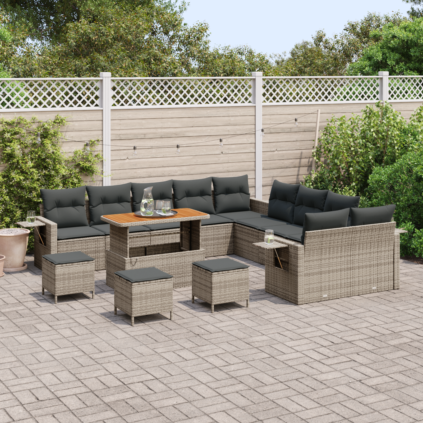 vidaXL 14-delige Tuinbankenset met kussens poly rattan acacia grijs