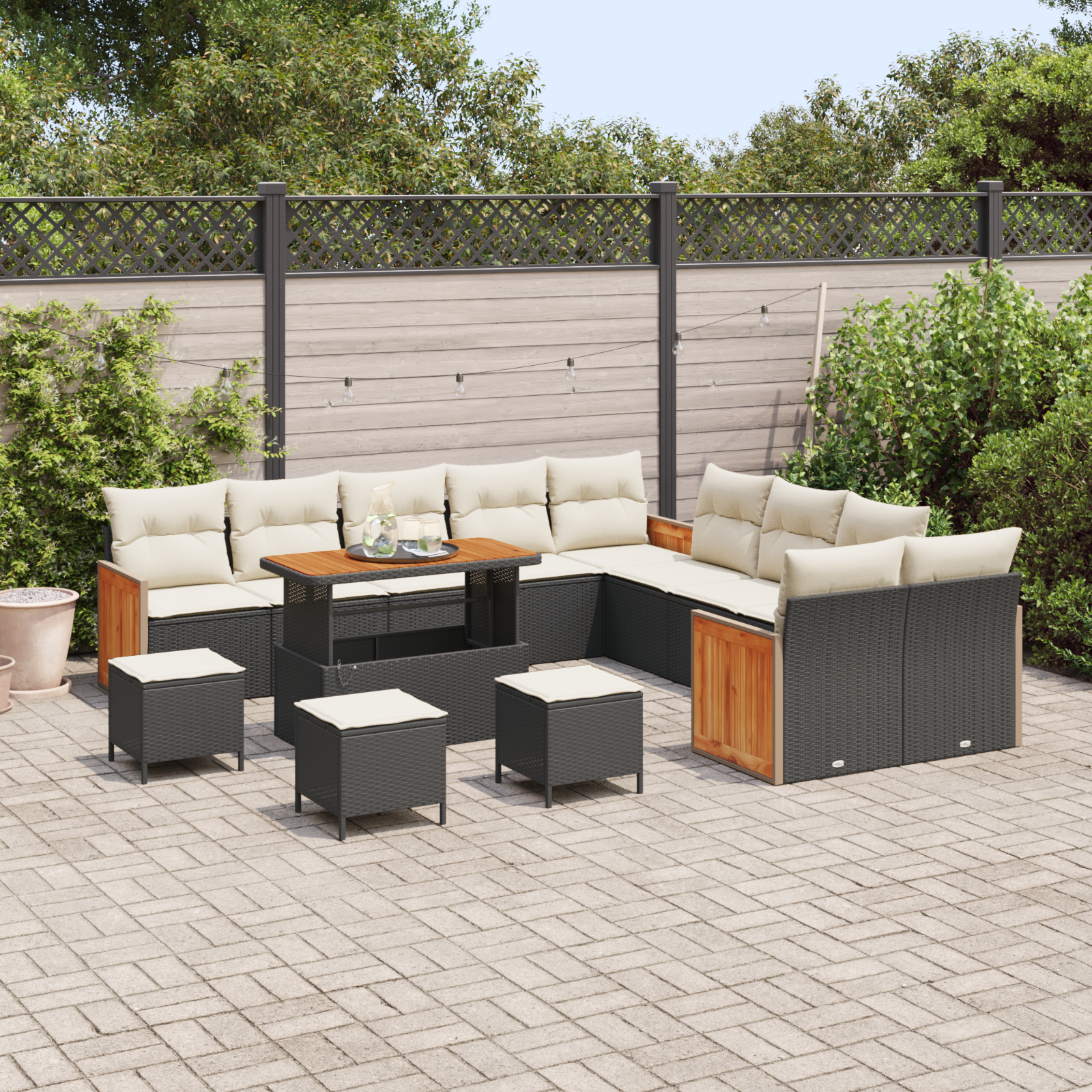 vidaXL 14 Delige Tuinbank Set met Kussens Zwart Poly Riet Acacia