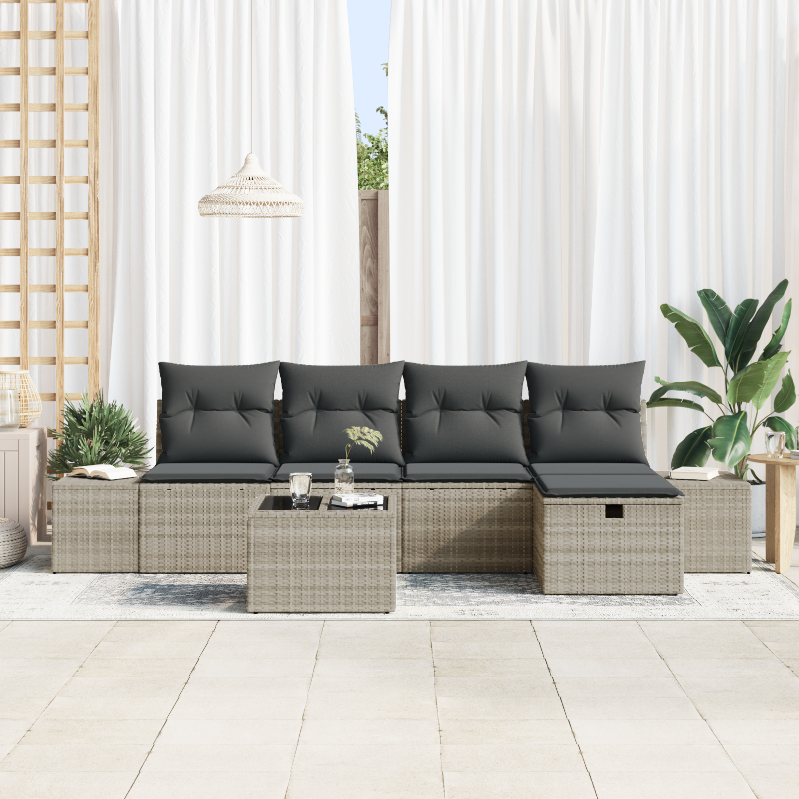 vidaXL 6-delige tuinbankset met kussens lichtgrijs poly rattan
