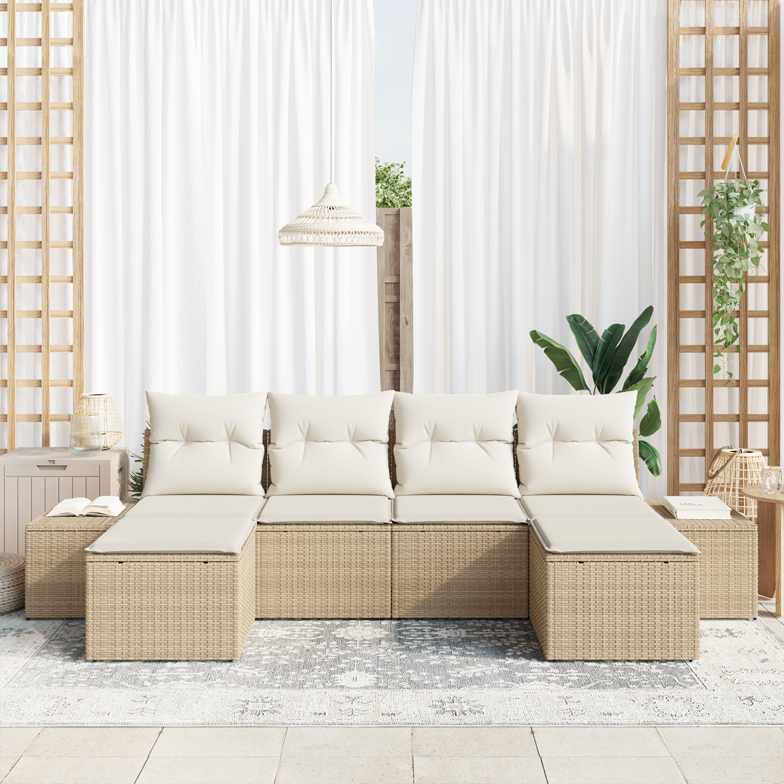 vidaXL 6-delige Tuinbankenset met kussens poly rattan beige