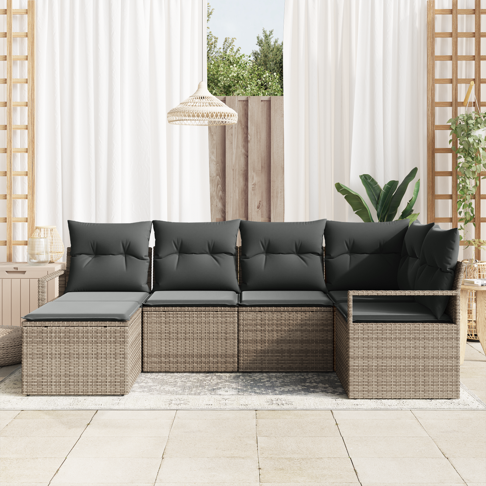 vidaXL 6-delige tuinbankset met kussens in een grijze kleur van poly rattan