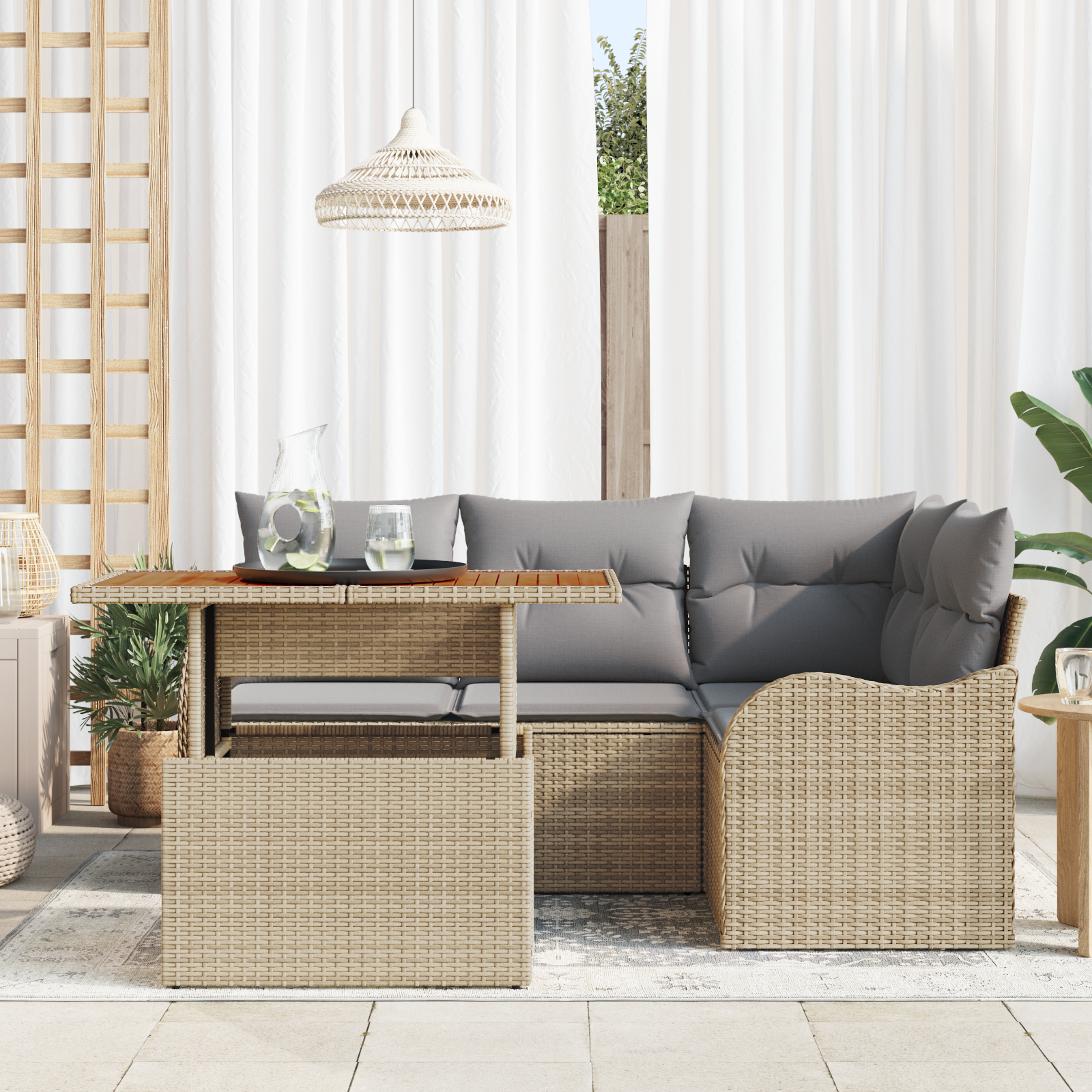 vidaXL 5-delige tuinset met kussens in beige poly rattan en acacia