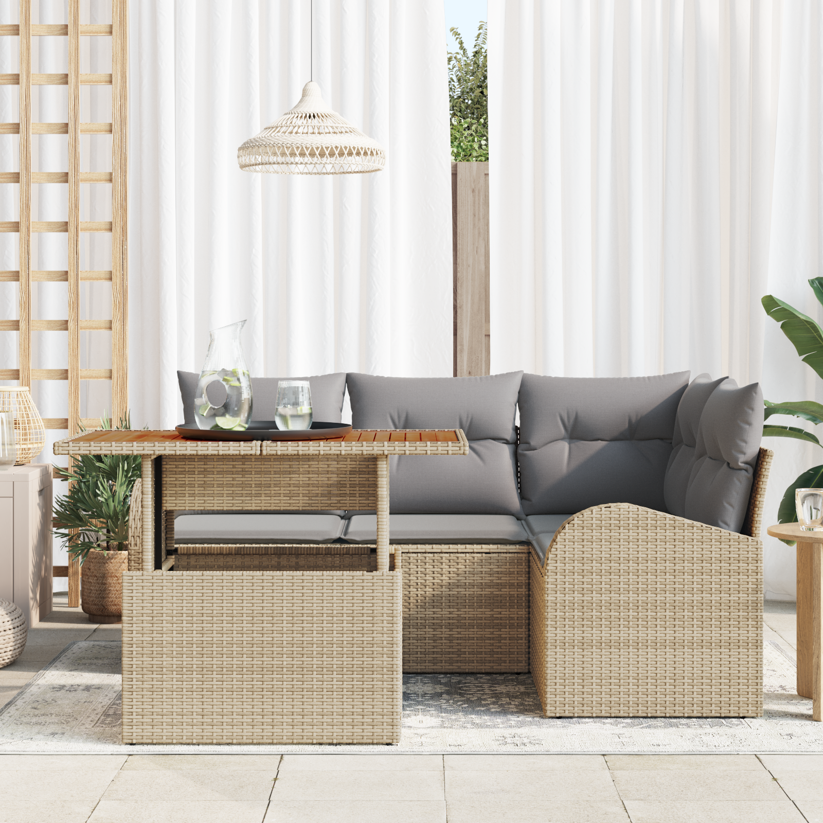 vidaXL 5-delige tuinset met kussens in beige van poly rattan en acacia