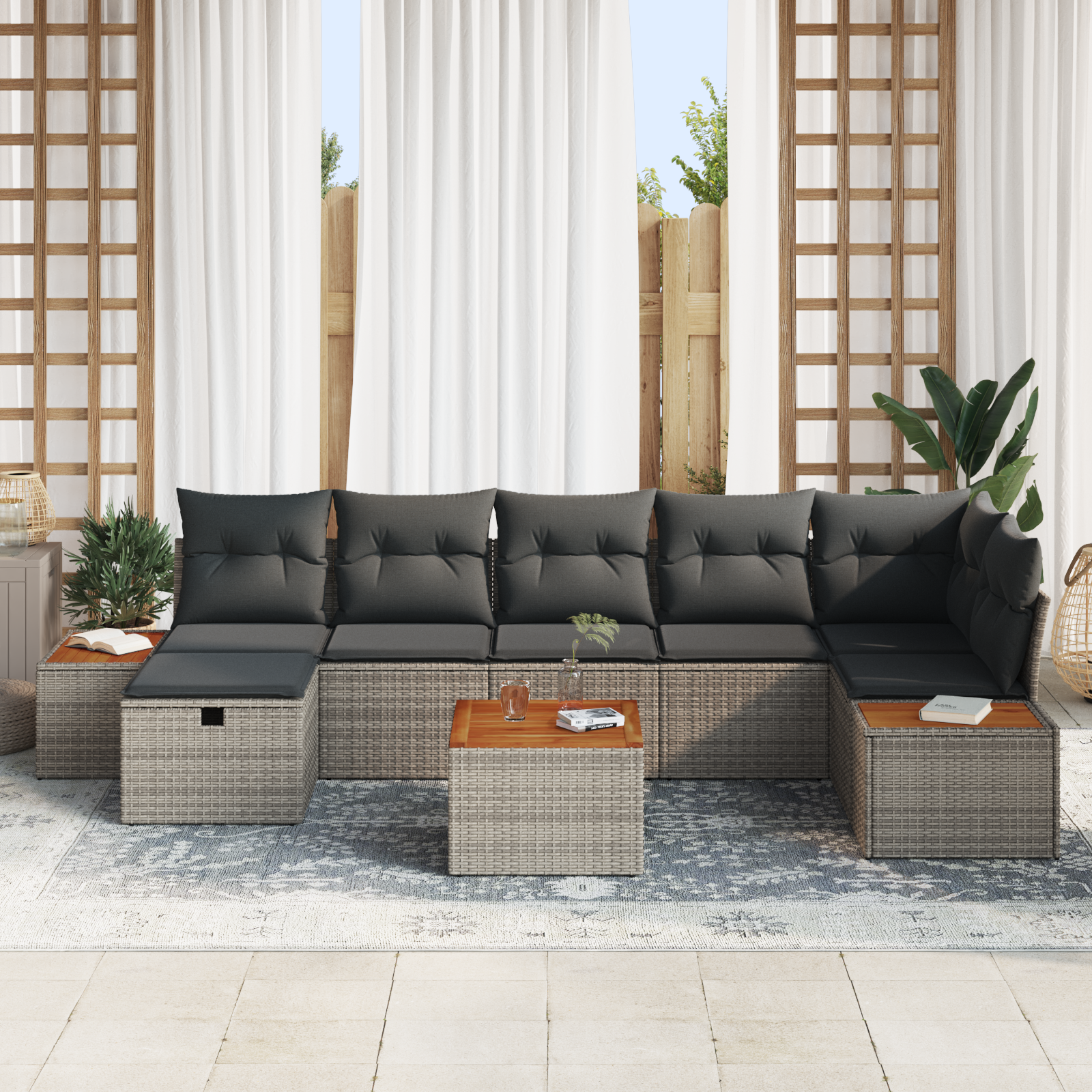 vidaXL 8-delige tuinset met kussens grijs poly rattan