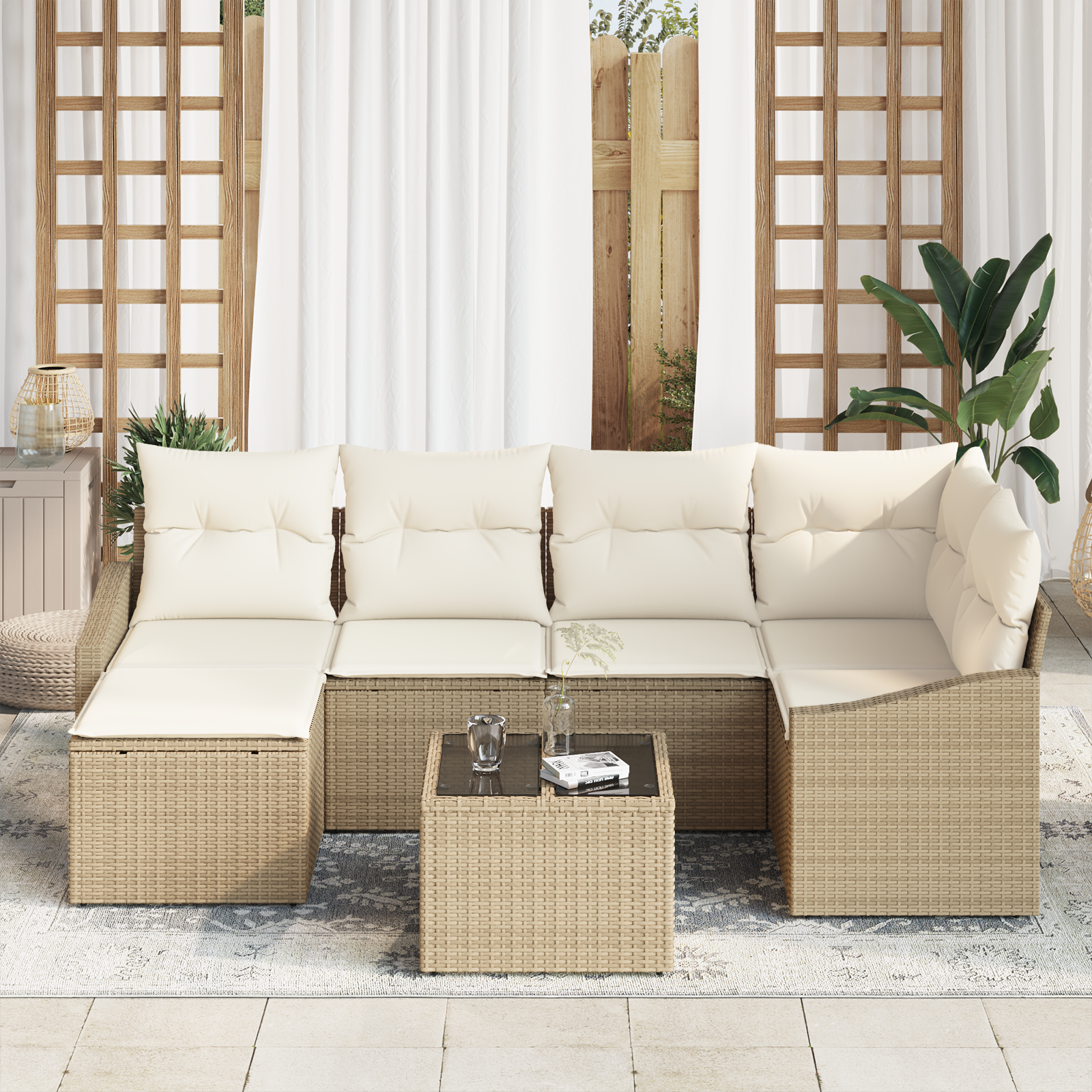 vidaXL 7-delige tuinset met kussens in bruin poly rattan