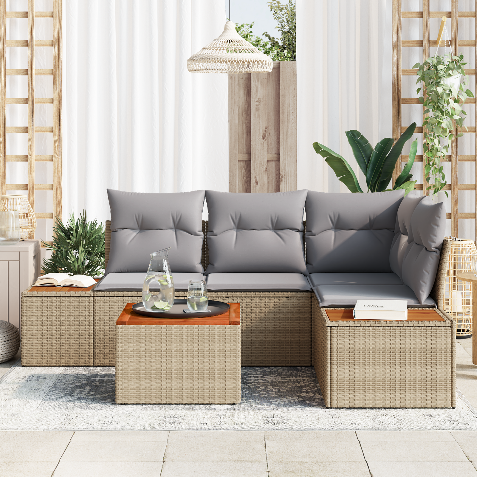 vidaXL 5-delige tuinset met kussens in beige poly rattan en acacia