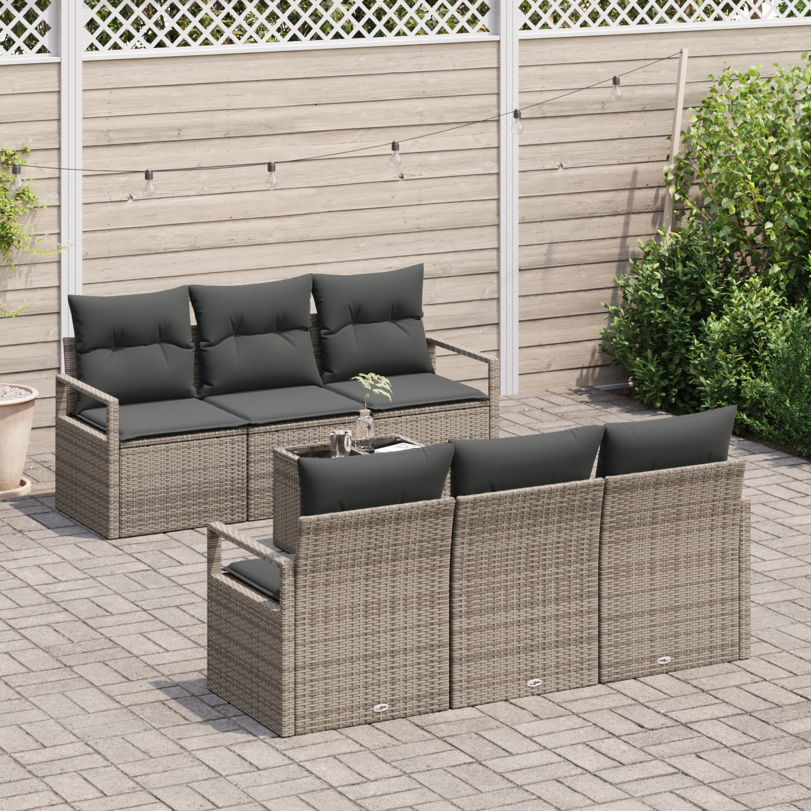 vidaXL 7-delige Tuinbankenset met kussens poly rattan grijs