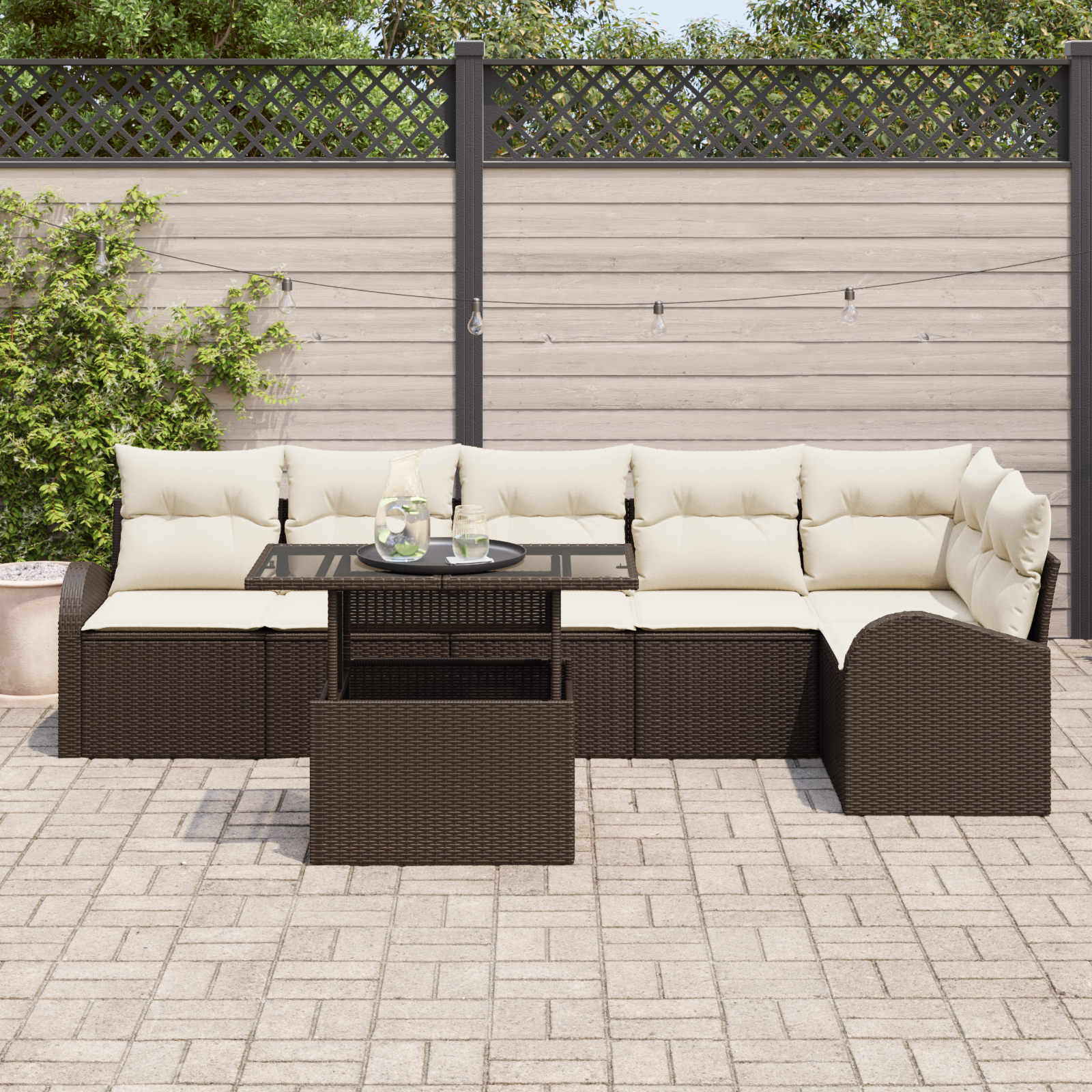vidaXL 7-delige tuinset met kussens bruin poly rattan