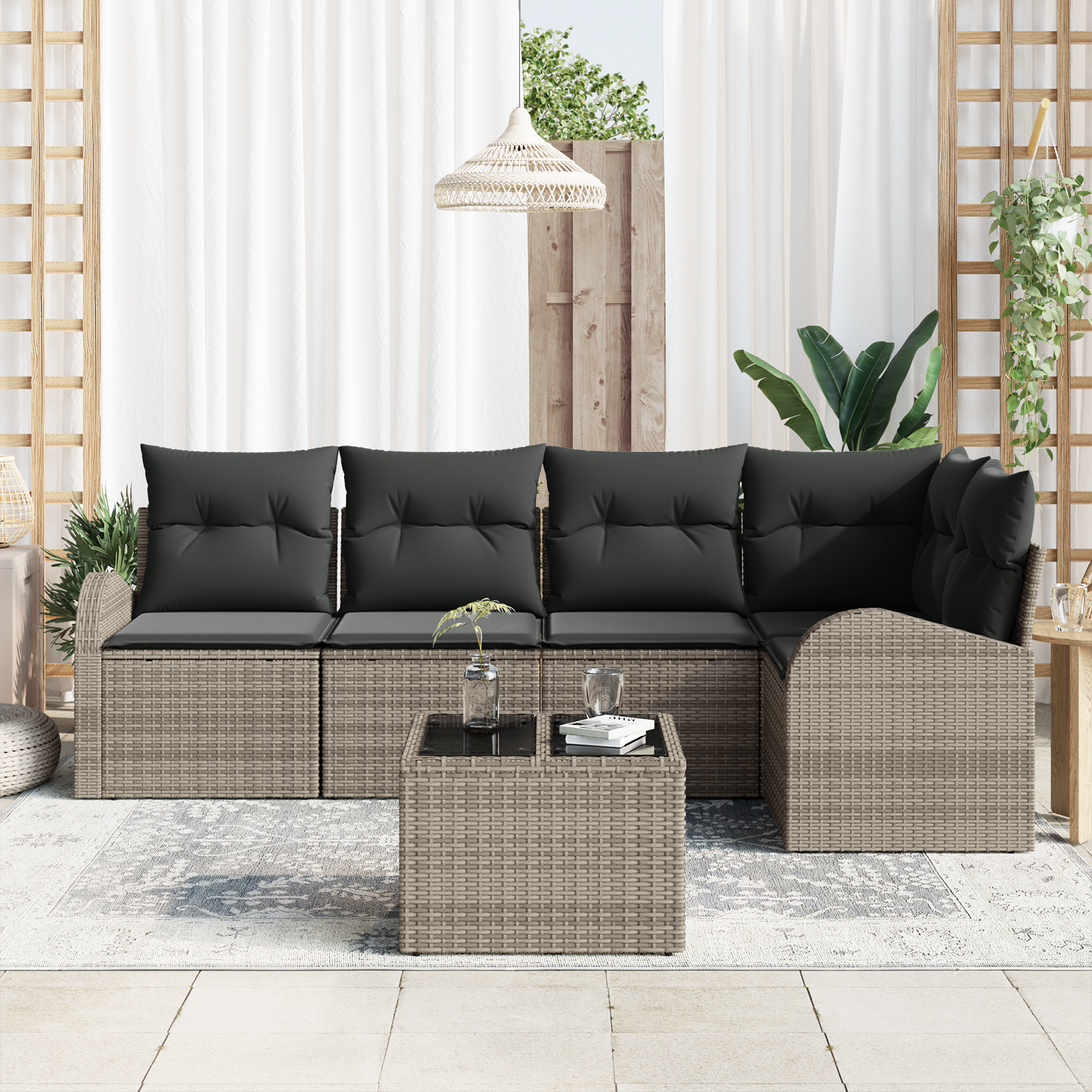 vidaXL 5-delige Tuinbankenset met kussens poly rattan zwart