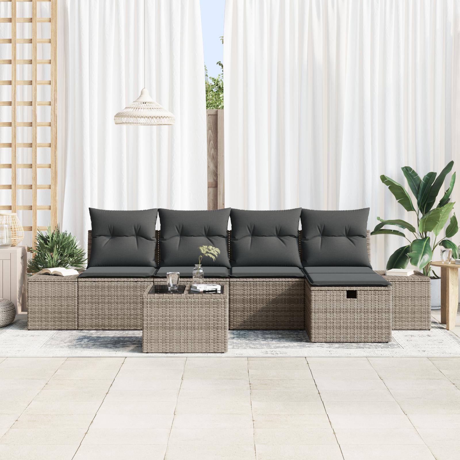 vidaXL 6-delige tuinset met kussens in grijs poly rattan