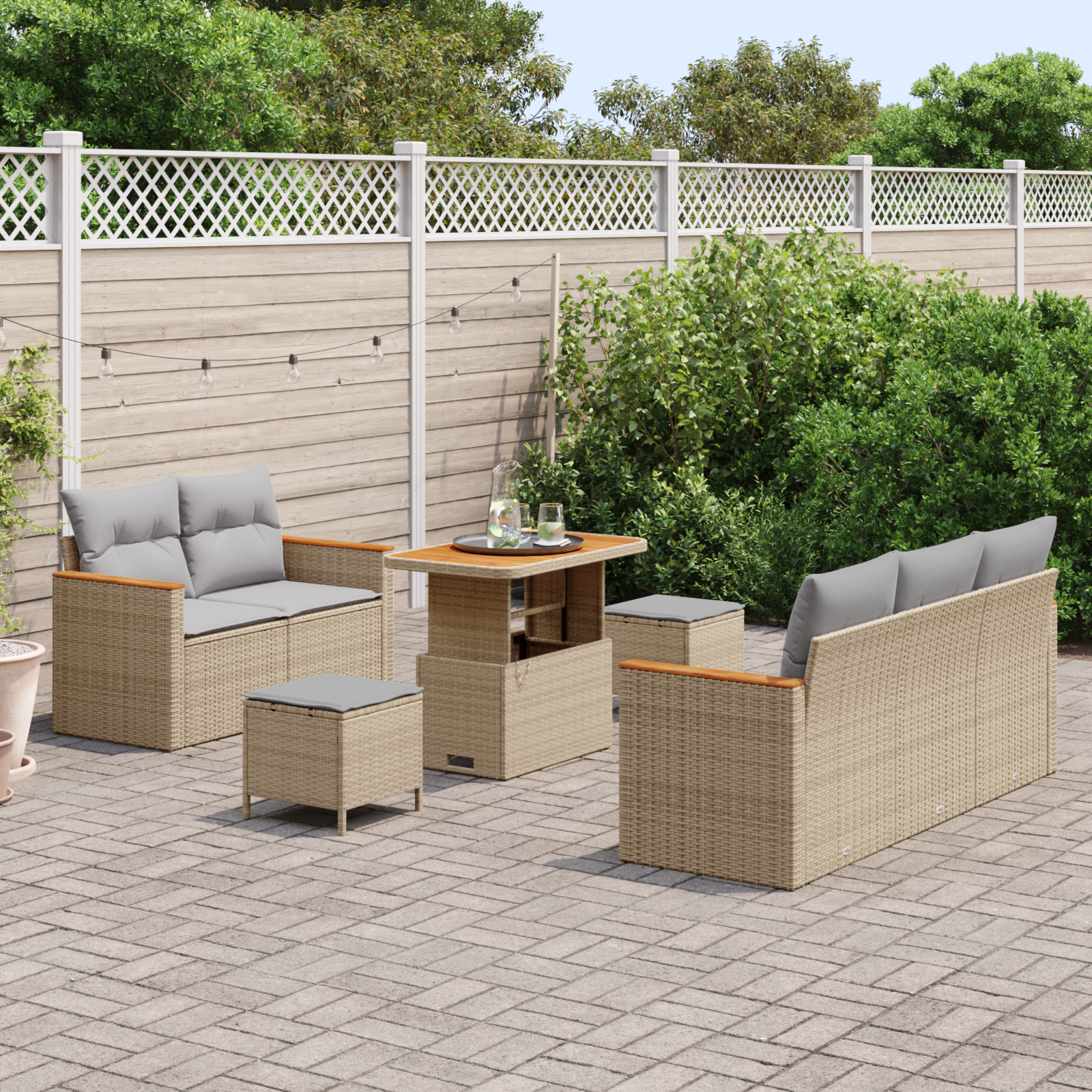 vidaXL 8-delige tuinsofa set met kussens in beige van poly rattan en acacia