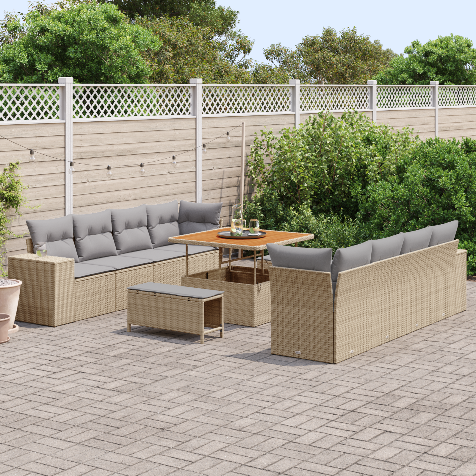 vidaXL 11-delige tuinset met kussens in beige, gemaakt van poly rattan en acaciahout