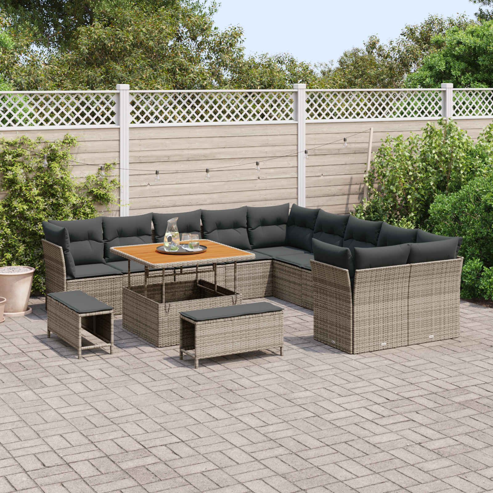 vidaXL 13-delige tuinbankset met kussens in het grijs van poly rattan en acacia