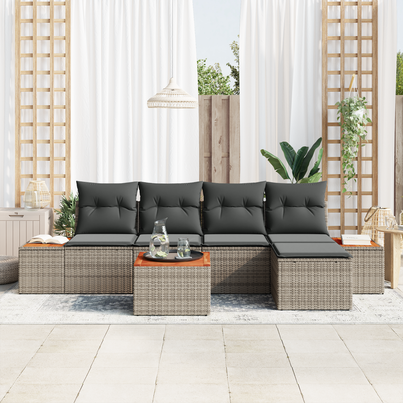 vidaXL 6-delige tuinsofa set met kussens in het grijs, van poly rattan en acacia