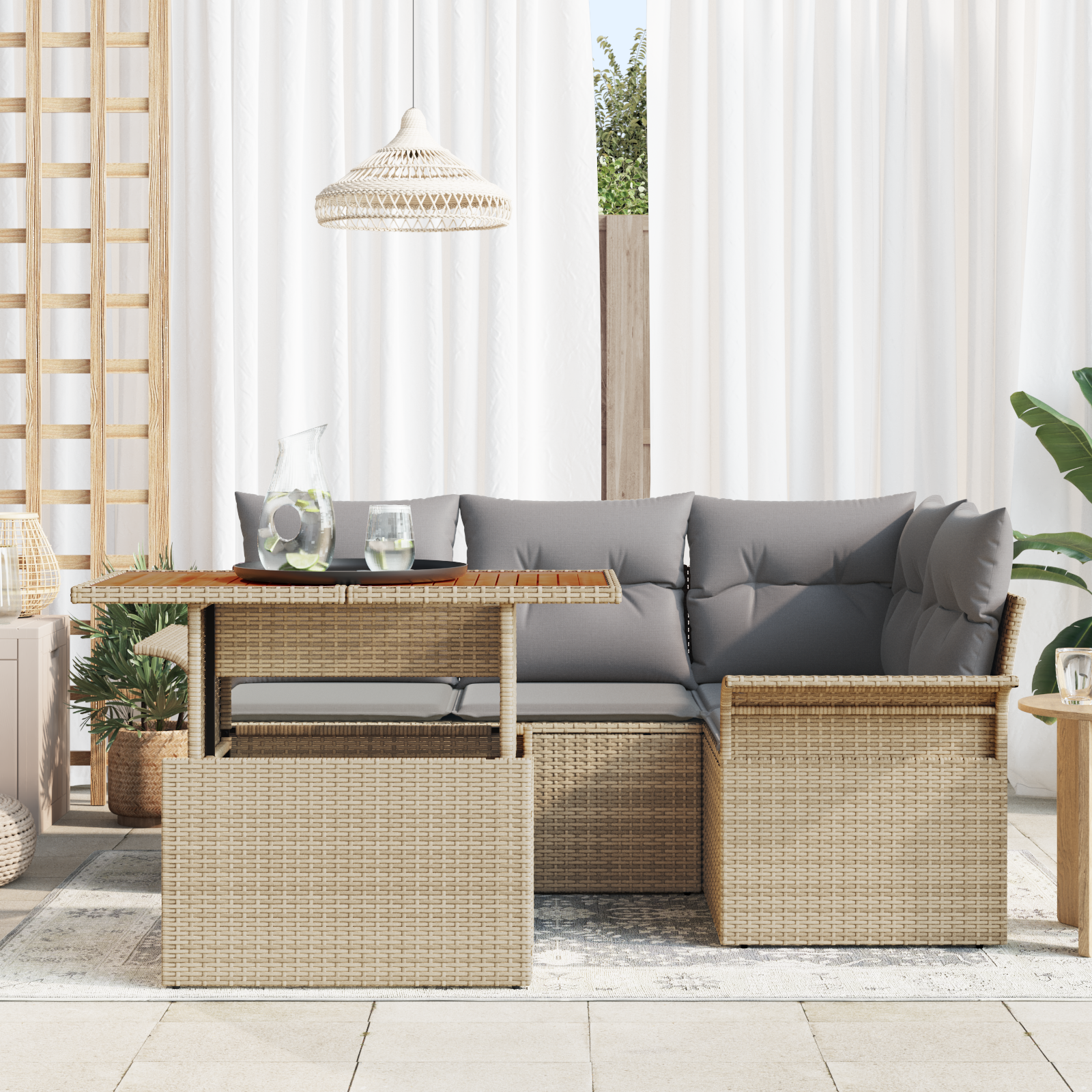vidaXL 5-delige tuinset met kussens in beige poly rattan en acacia