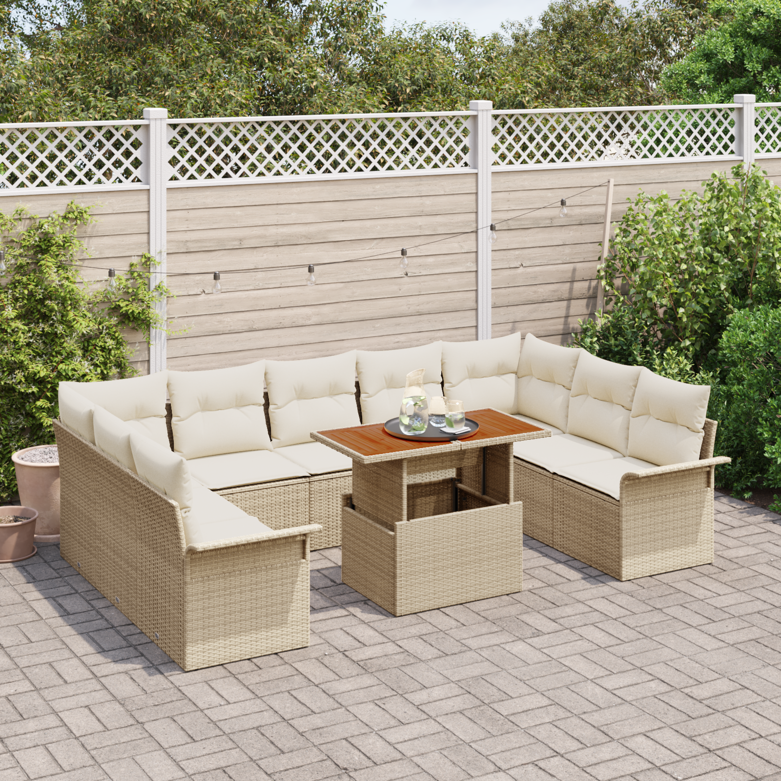 vidaXL 10-delige Tuinbankenset met kussens poly rattan beige