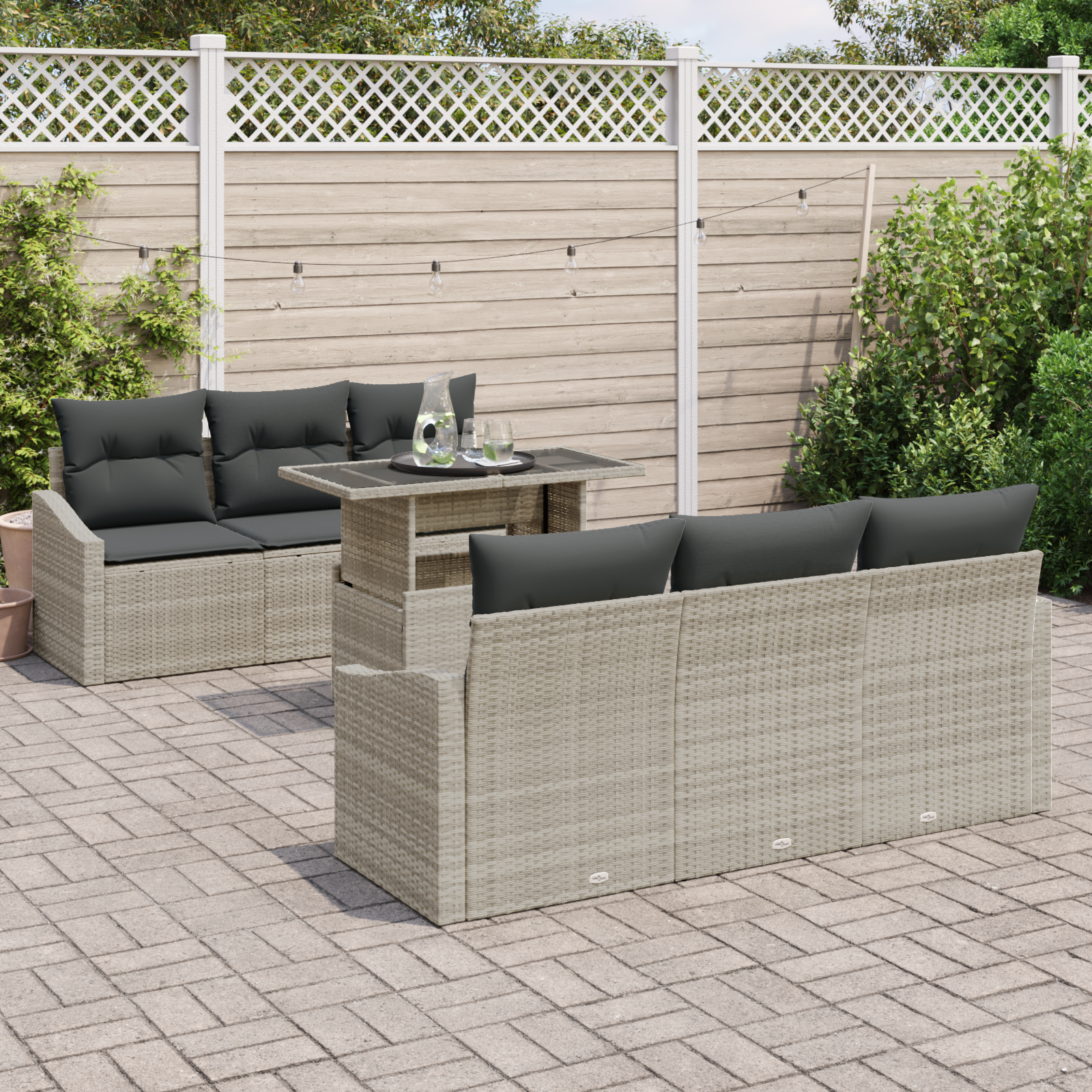 vidaXL 7-delige tuinset met kussens in lichtgrijs poly rattan