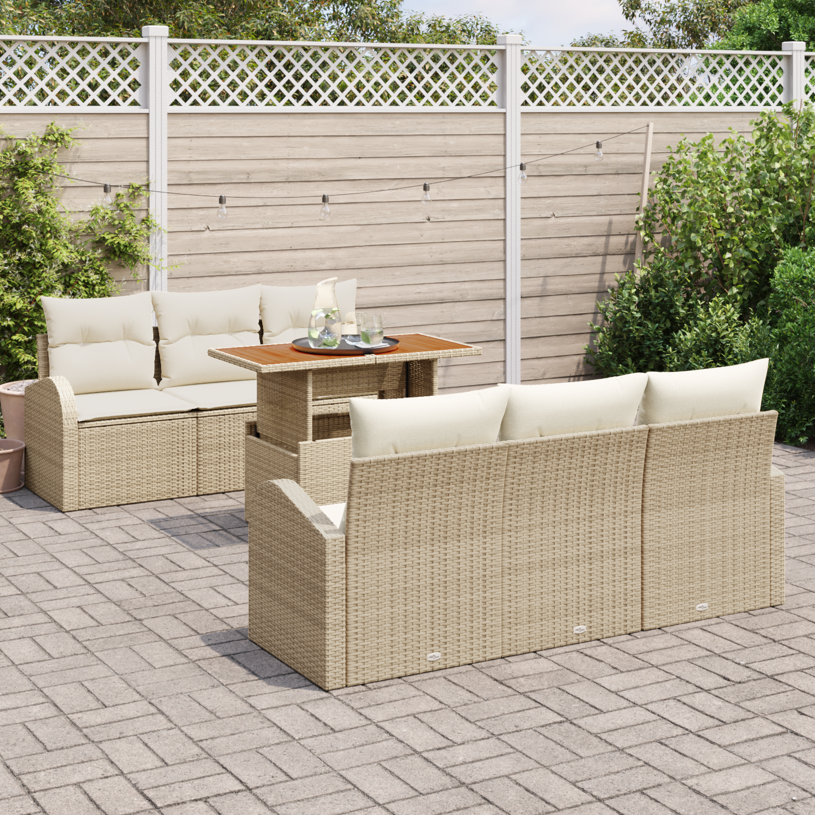 vidaXL 7 Delen Tuin Eetset met Kussens Beige Poly Rattan Acacia