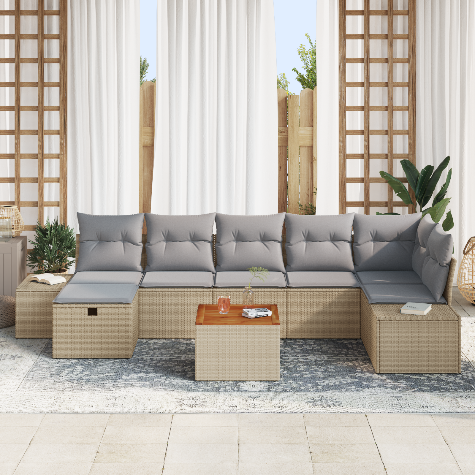vidaXL 8-delige Tuinbankenset met kussens poly rattan beige