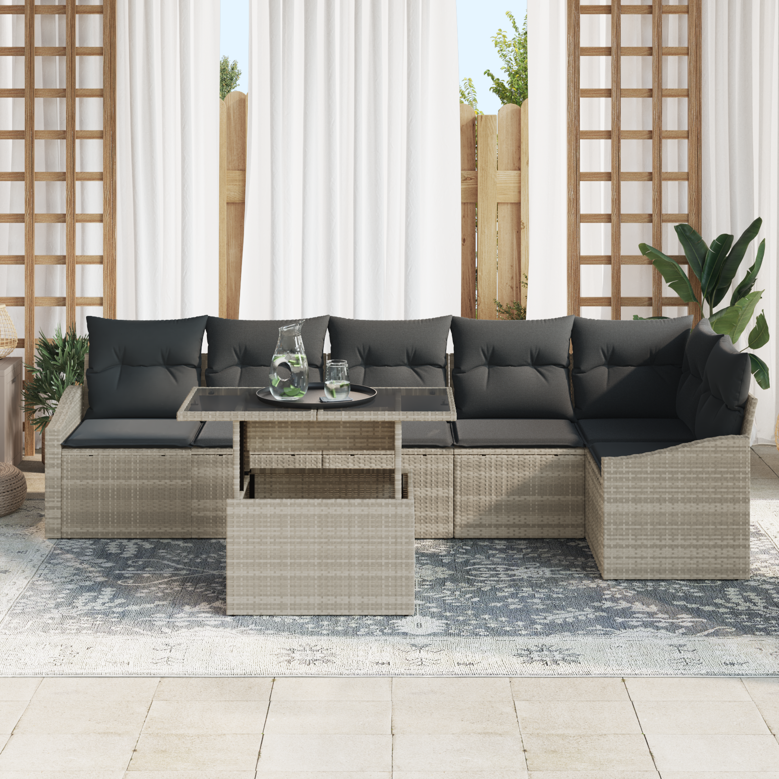 vidaXL 7-delige tuinset met kussens lichtgrijs poly rattan
