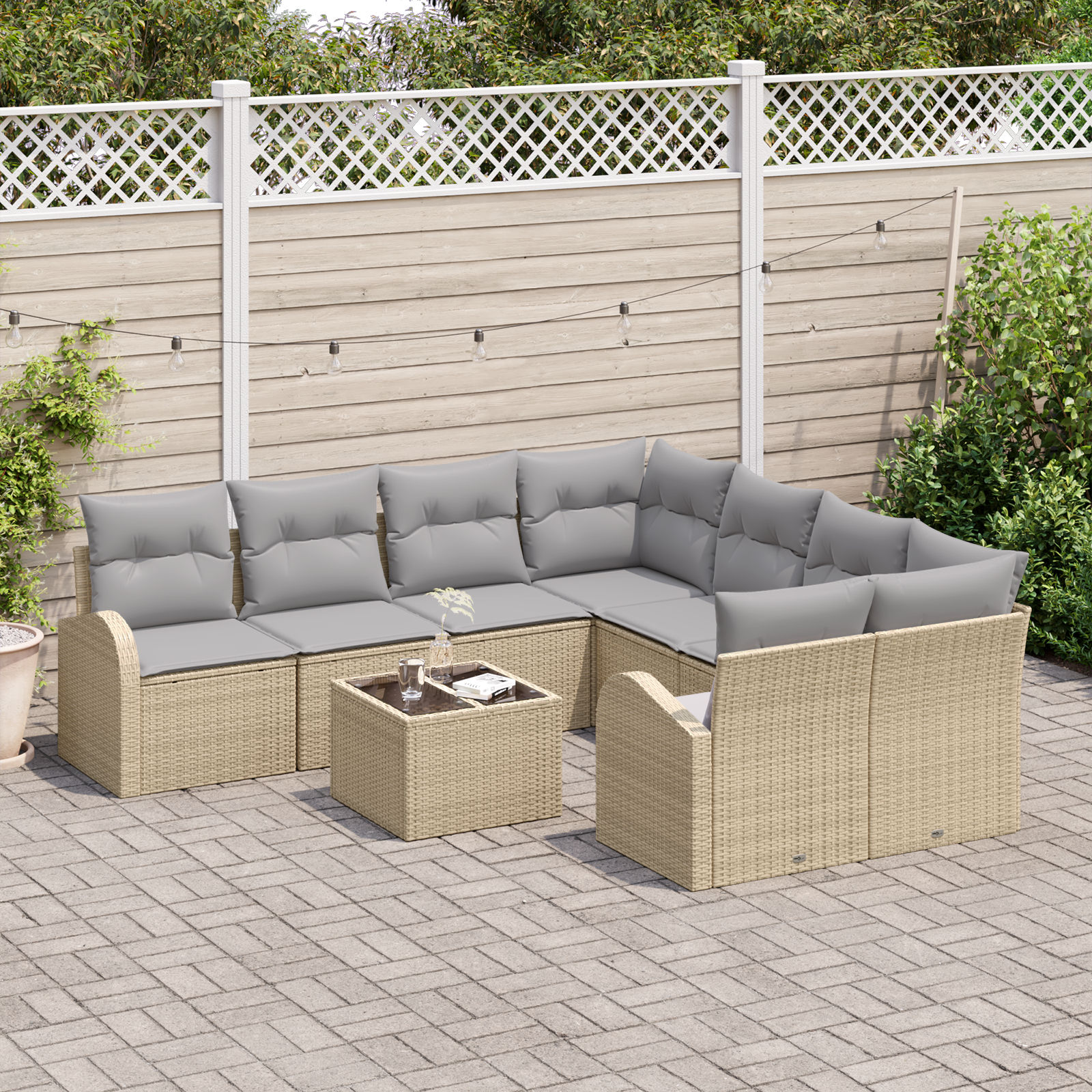 vidaXL 9-delige Tuinbankenset met kussens poly rattan beige