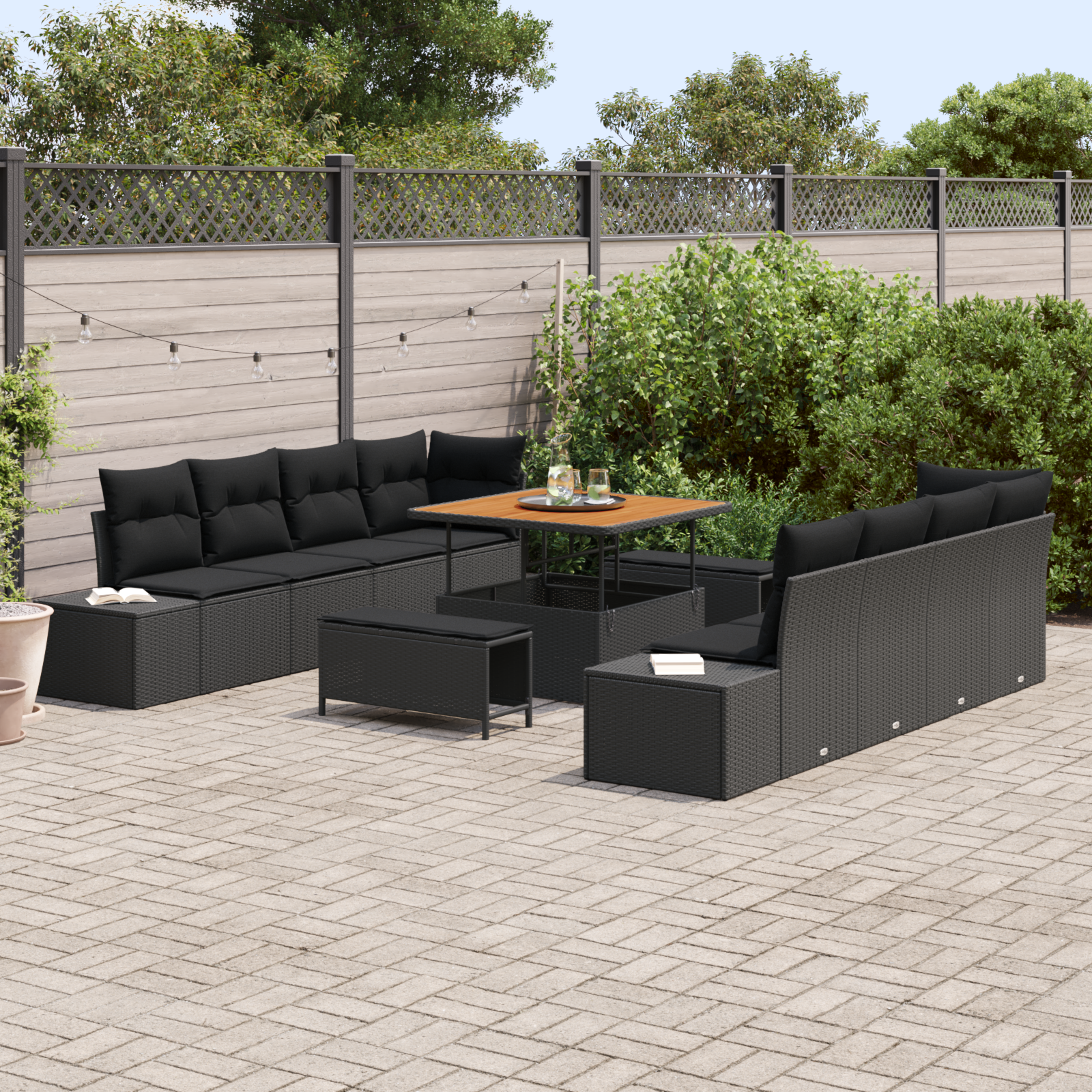 vidaXL 11-delige tuinset met kussens zwart poly rattan acacia