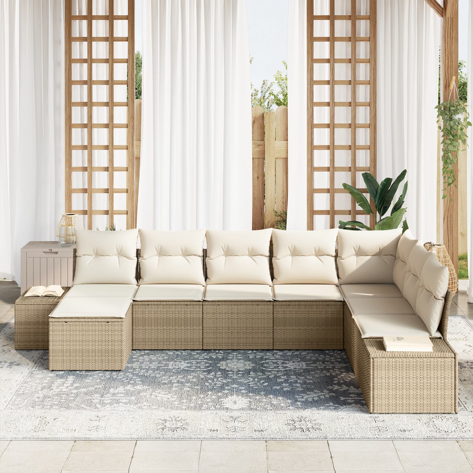 vidaXL 8-delige tuinset met kussens in beige poly rattan