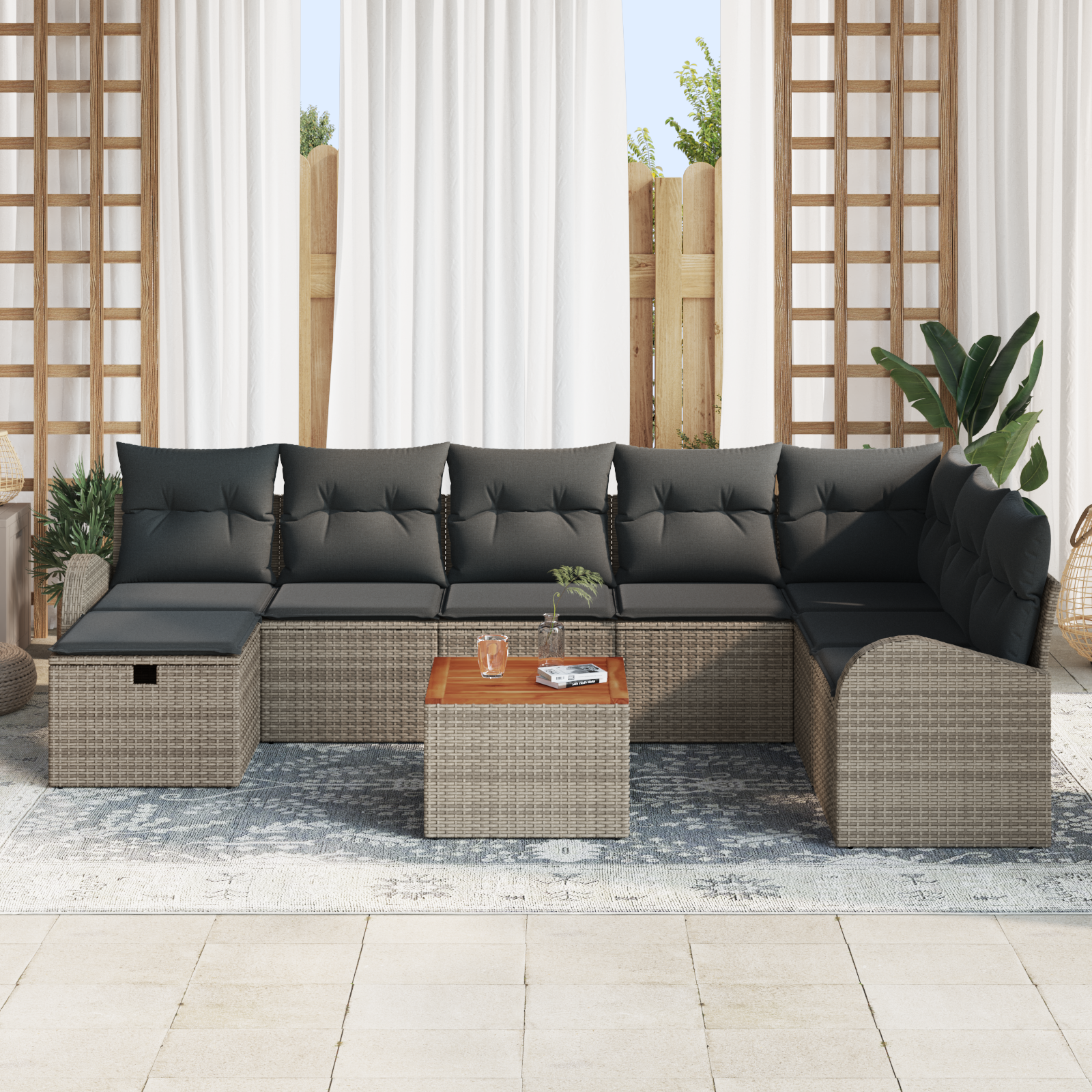 vidaXL 9-delige Tuinbankenset met kussens poly rattan grijs