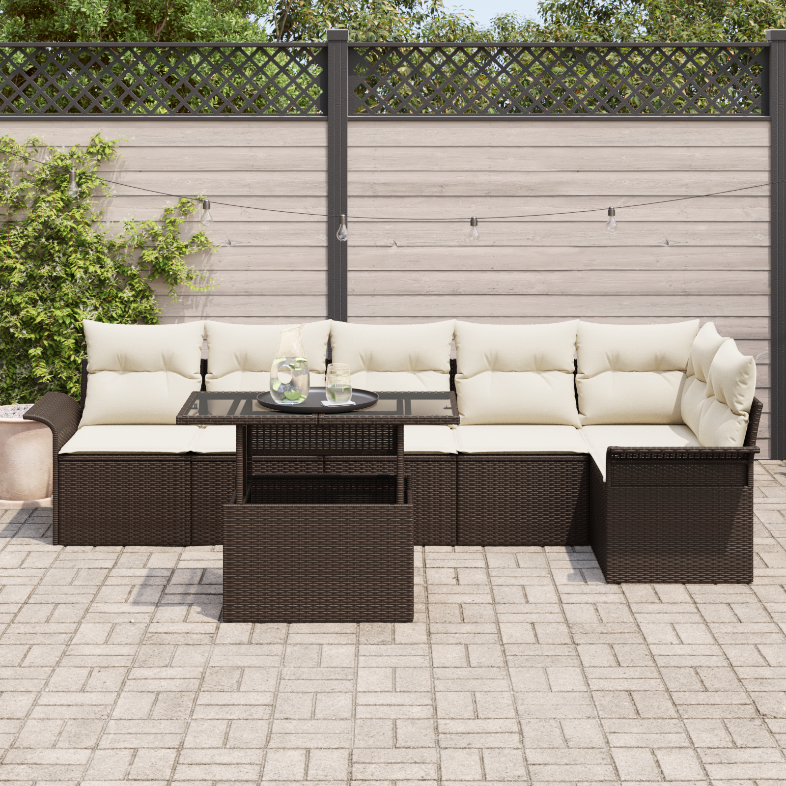 vidaXL 7-delige tuinbankset met kussens bruin poly rattan