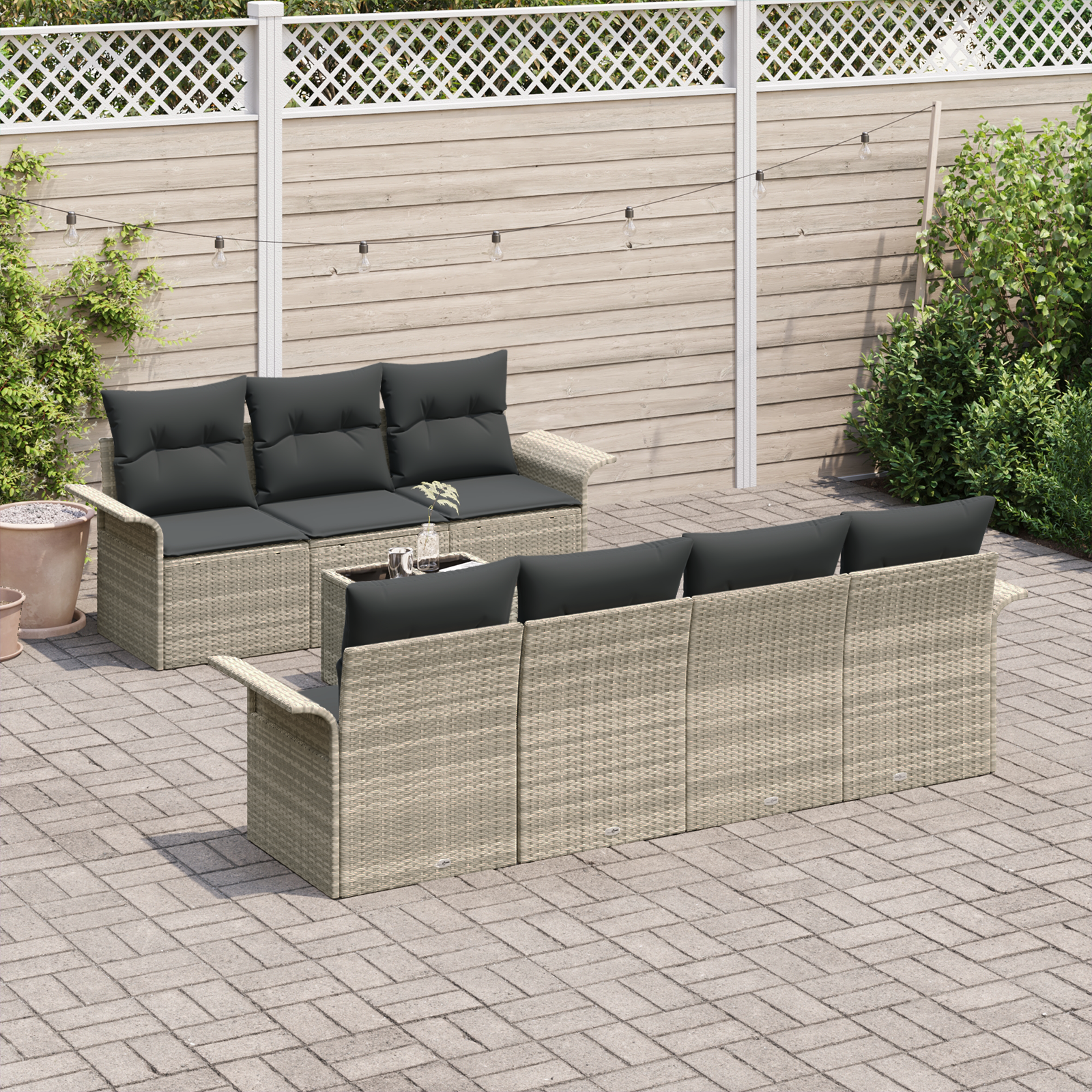 vidaXL 8-delige Tuinbankenset met kussens poly rattan lichtgrijs
