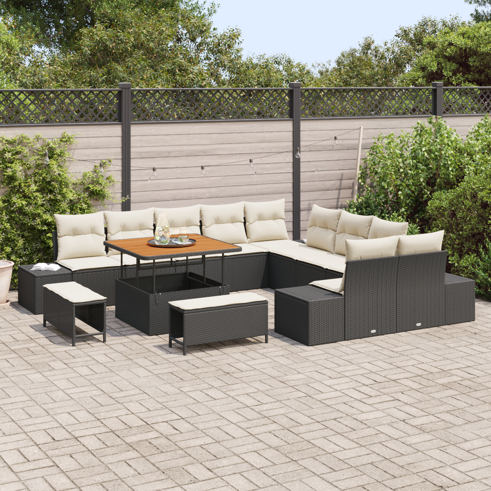 vidaXL 13-delige Tuinbankenset met kussens poly rattan acacia zwart