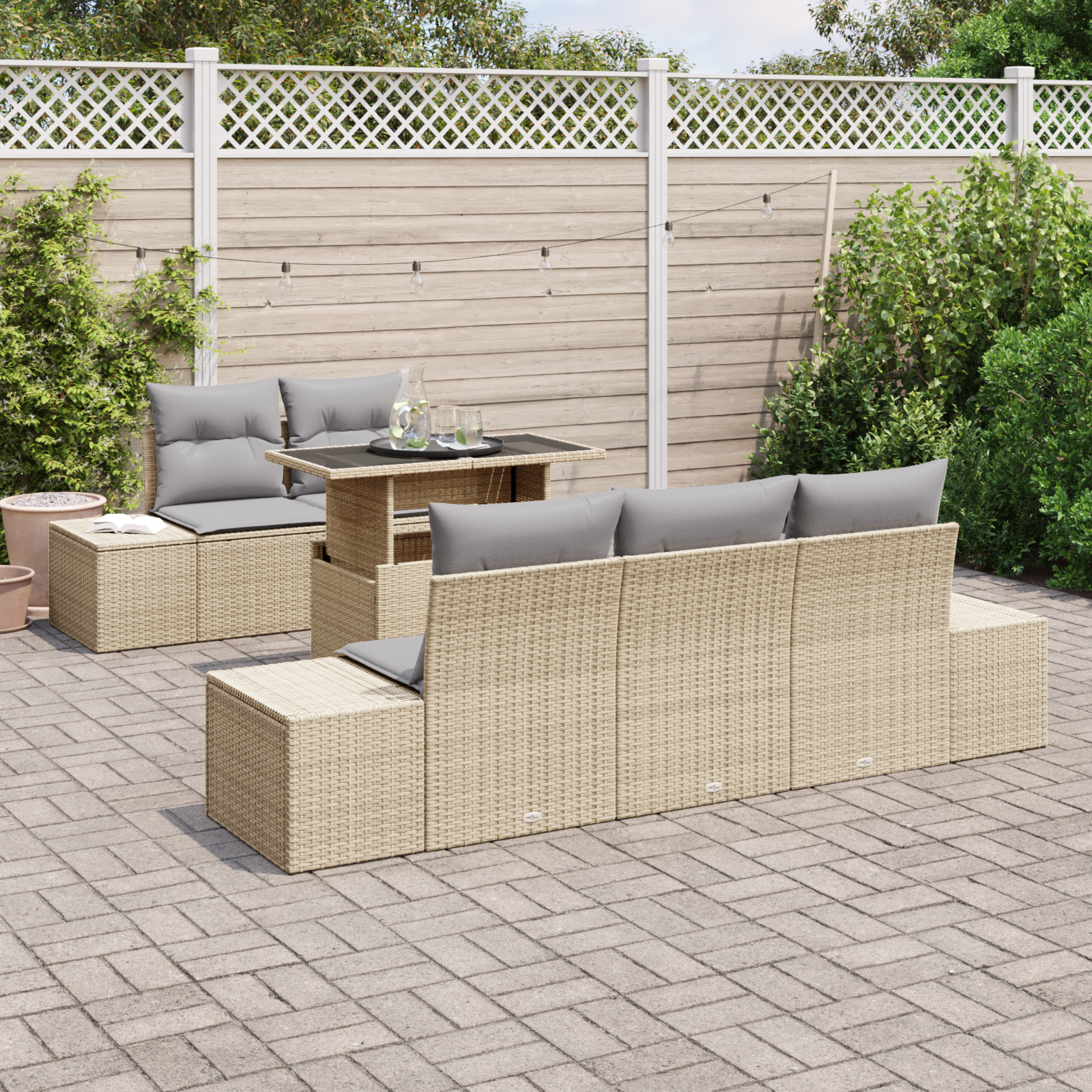 vidaXL 6-delige Tuinbankenset met kussens poly rattan beige