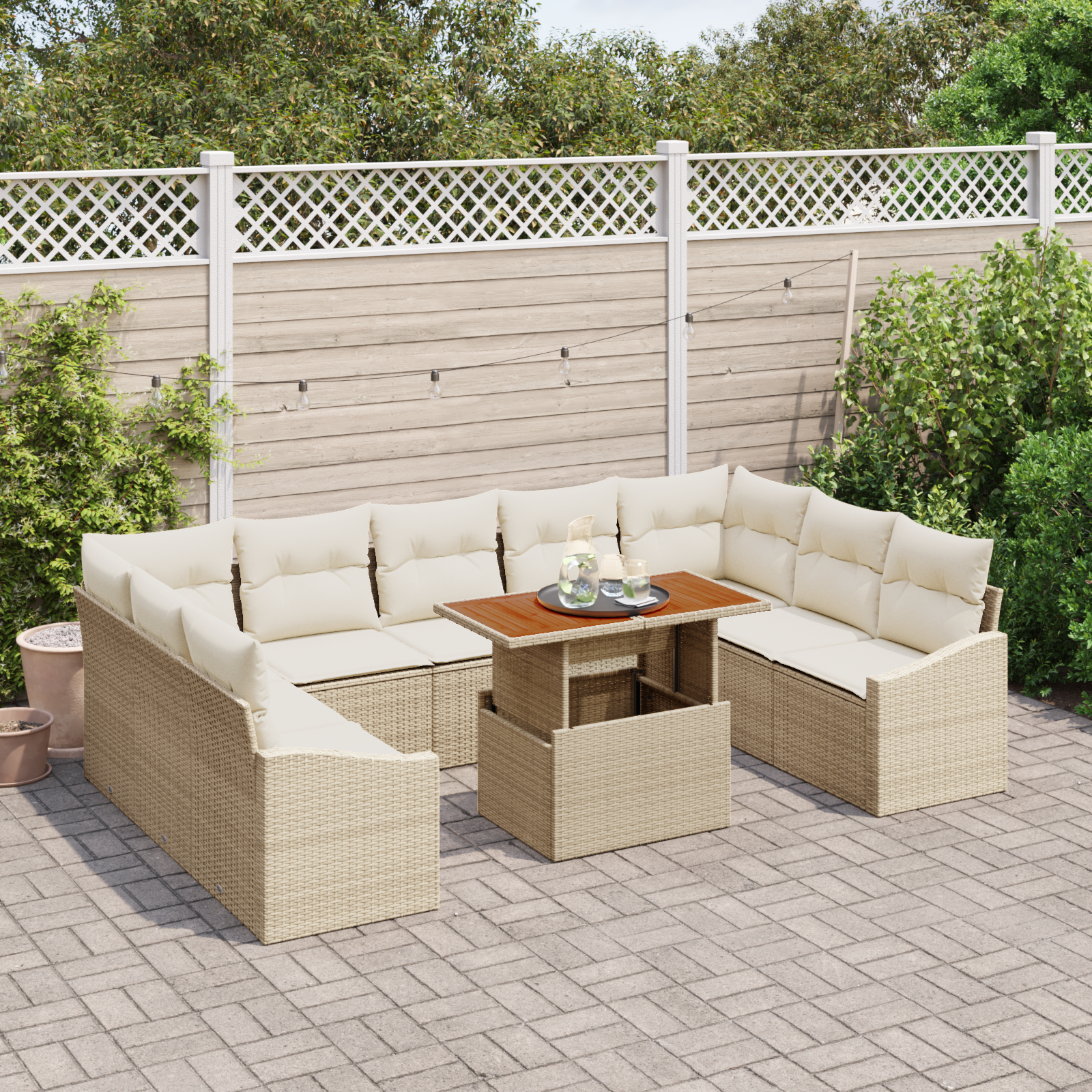 vidaXL 10-delige Tuinbankenset met kussens poly rattan beige