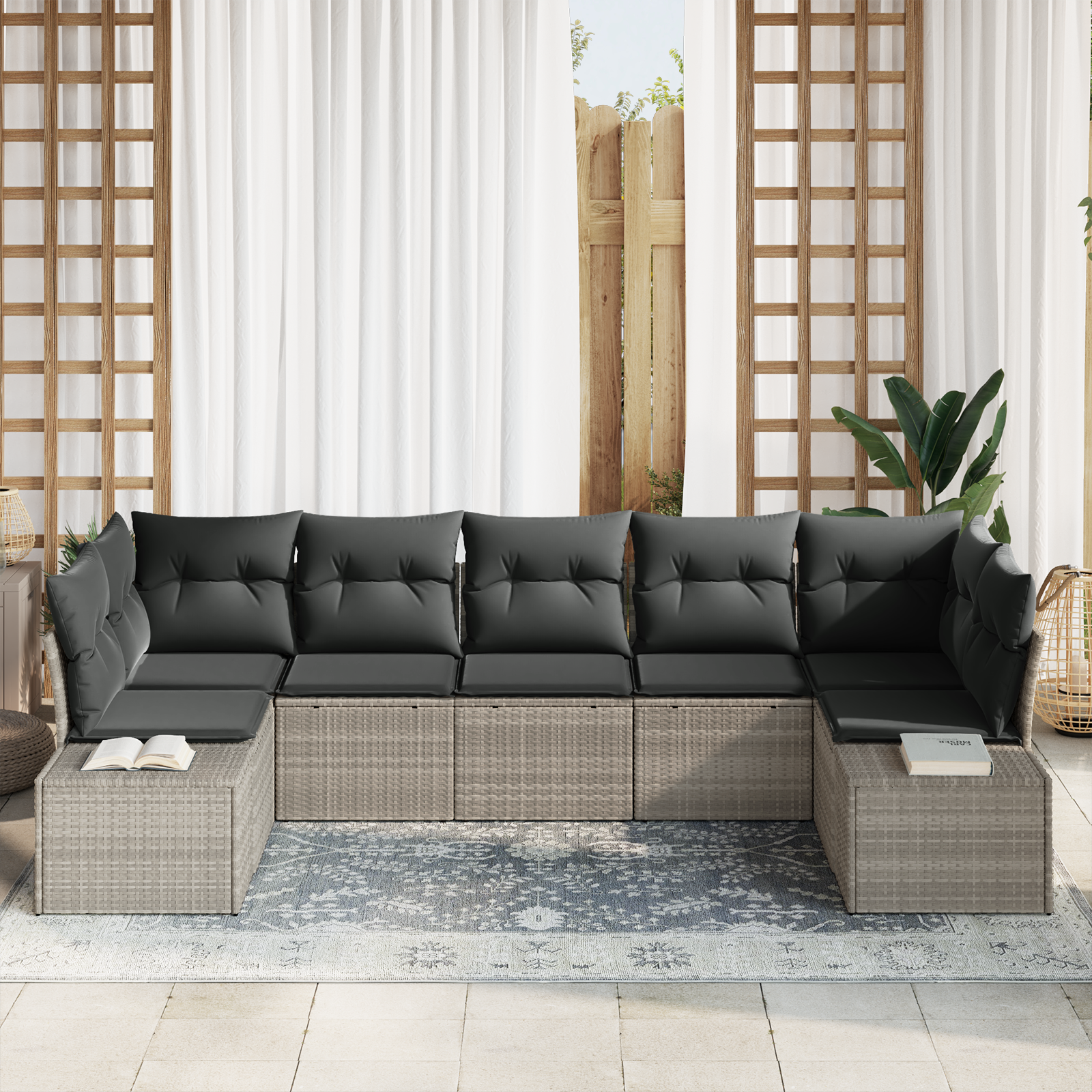 vidaXL 7-delige tuinset met kussens lichtgrijs poly rattan