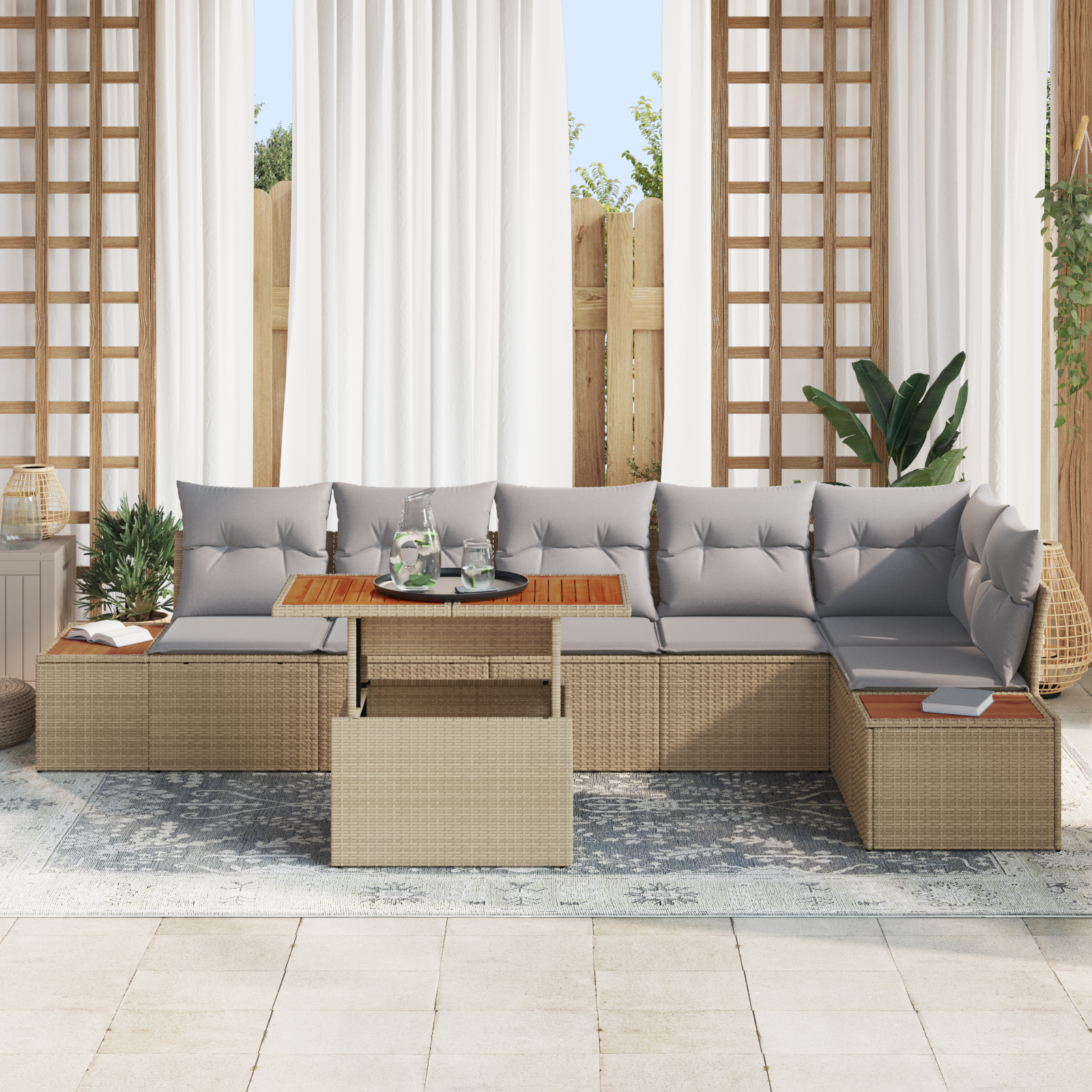 vidaXL 7-delige Tuinset met kussens poly rattan acaciahout beige
