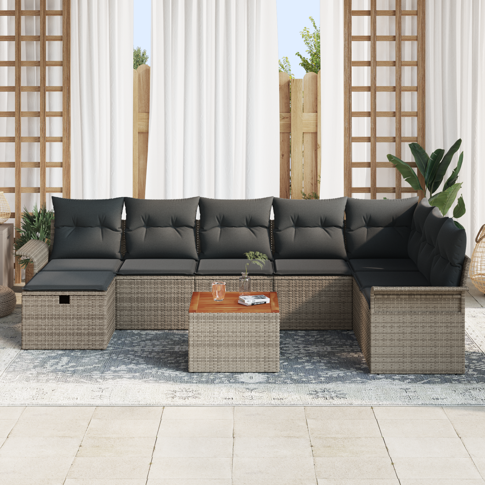 vidaXL 9-delige Tuinbankenset met kussens poly rattan grijs