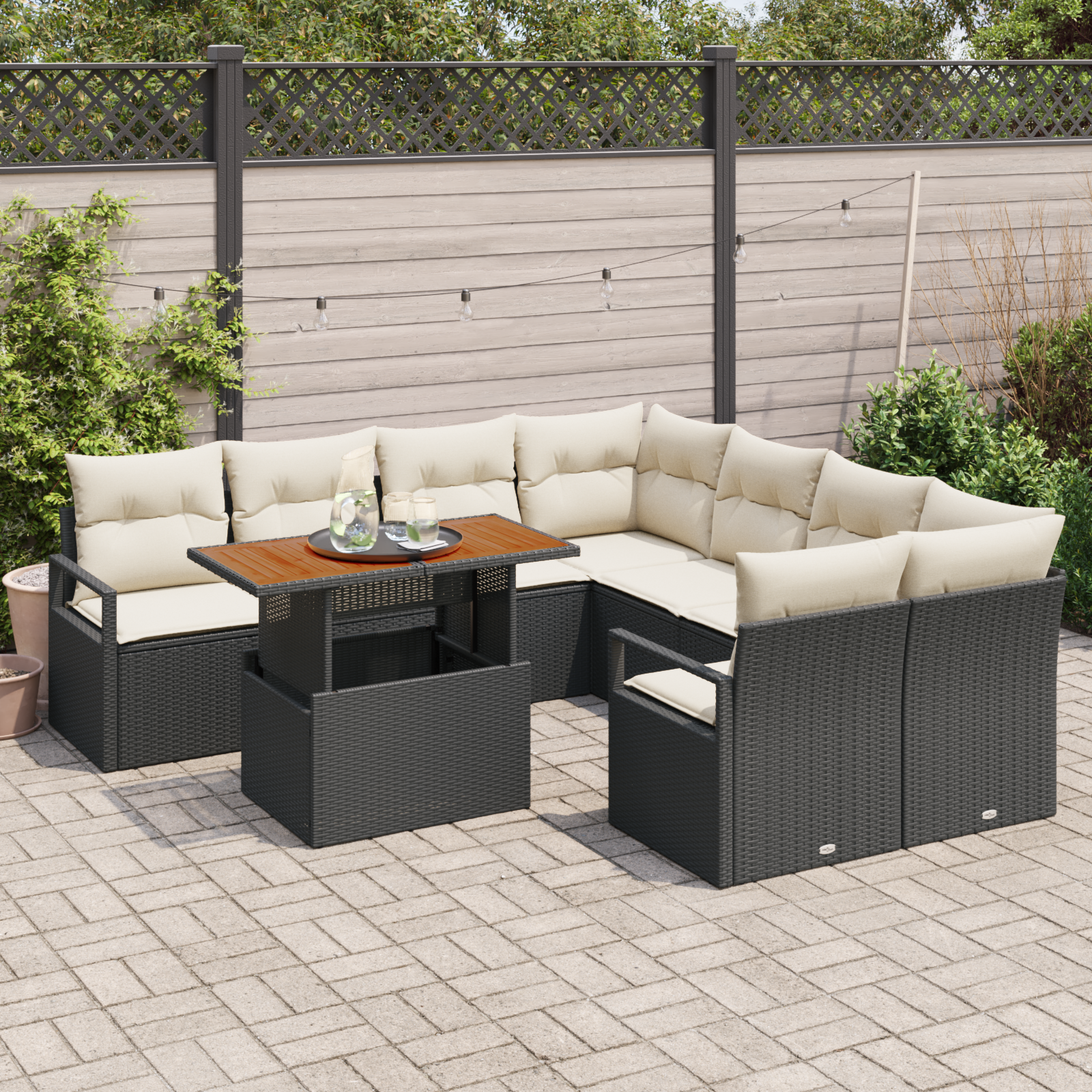 vidaXL 9-delige tuinbankset met kussens zwart poly rattan acacia