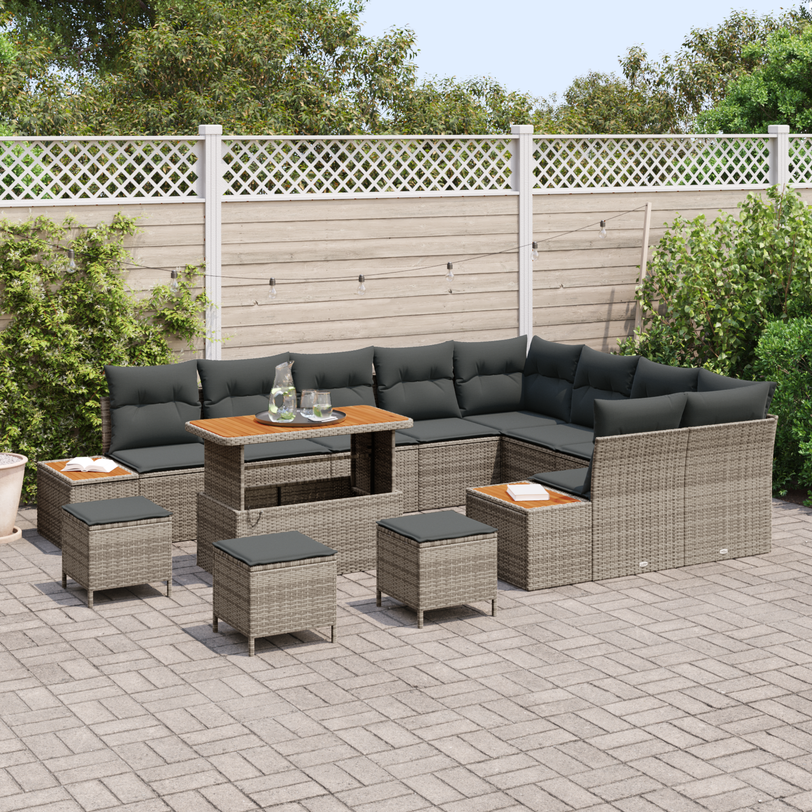 vidaXL 13-delige Tuinbankenset met kussens poly rattan acacia grijs