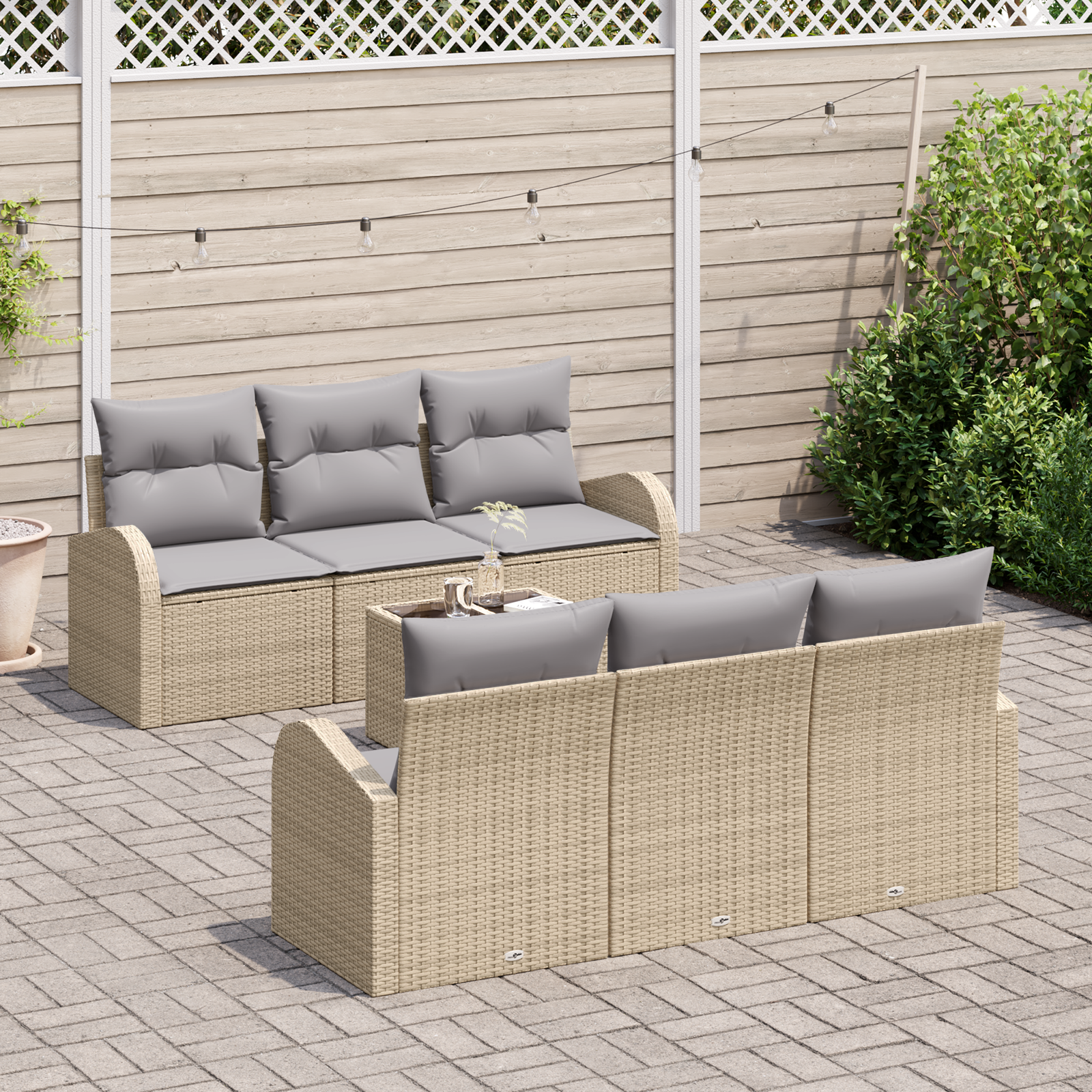 vidaXL 7-delige tuinset met kussens in beige poly rattan