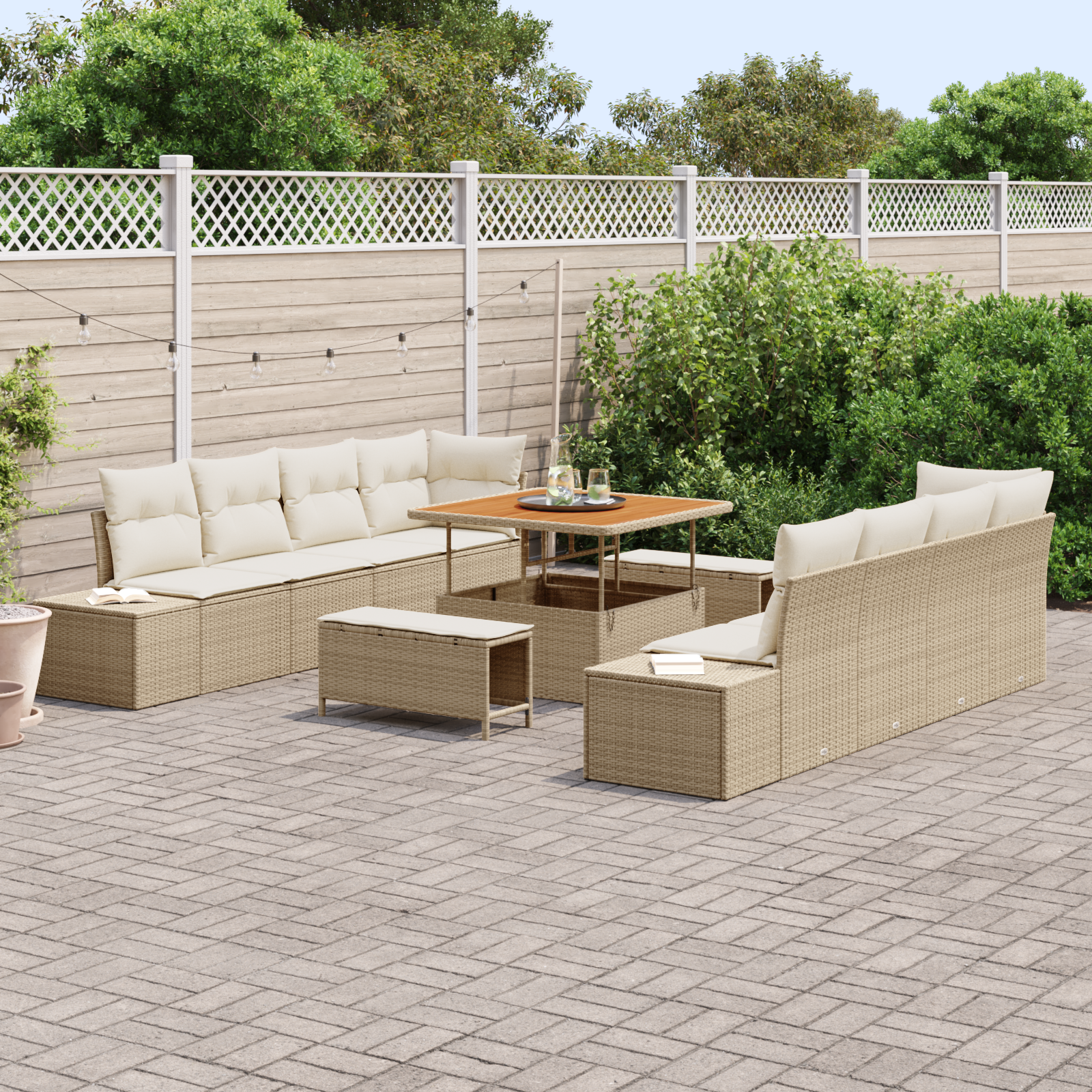 vidaXL 11-delige tuinbankset met kussens, beige poly rattan & acacia