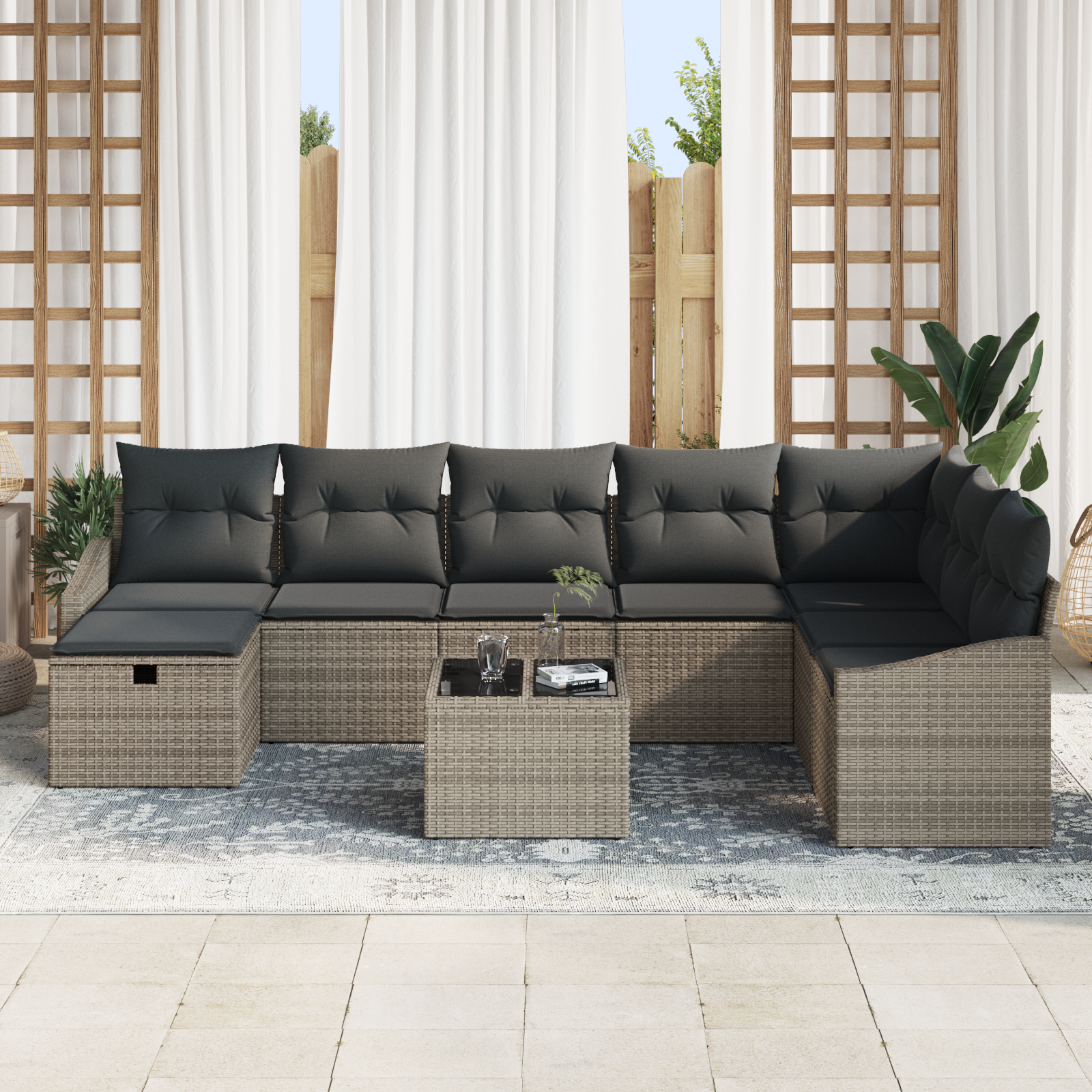 vidaXL 9-delige tuinset met kussens grijs poly rattan