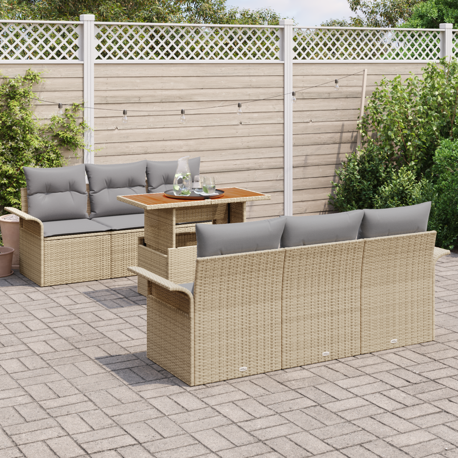 vidaXL 7-delige Tuinbankenset met kussens poly rattan acaciahout beige
