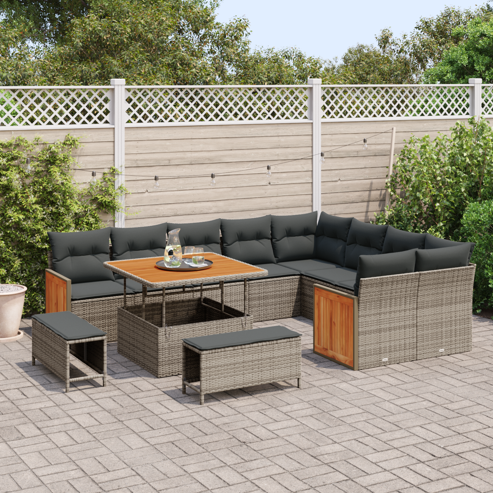 vidaXL 12-delige tuinbank set met kussens in grijs, poly riet en acacia