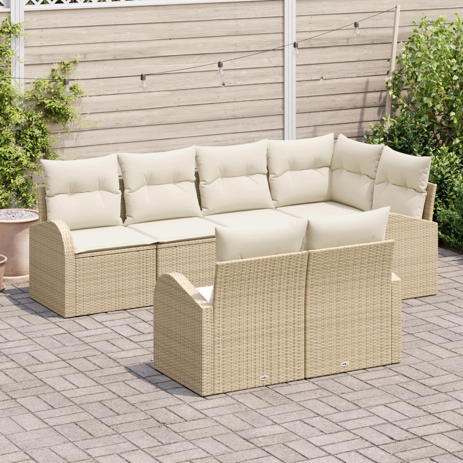 vidaXL 7-delige tuinbankset met kussens beige poly rattan