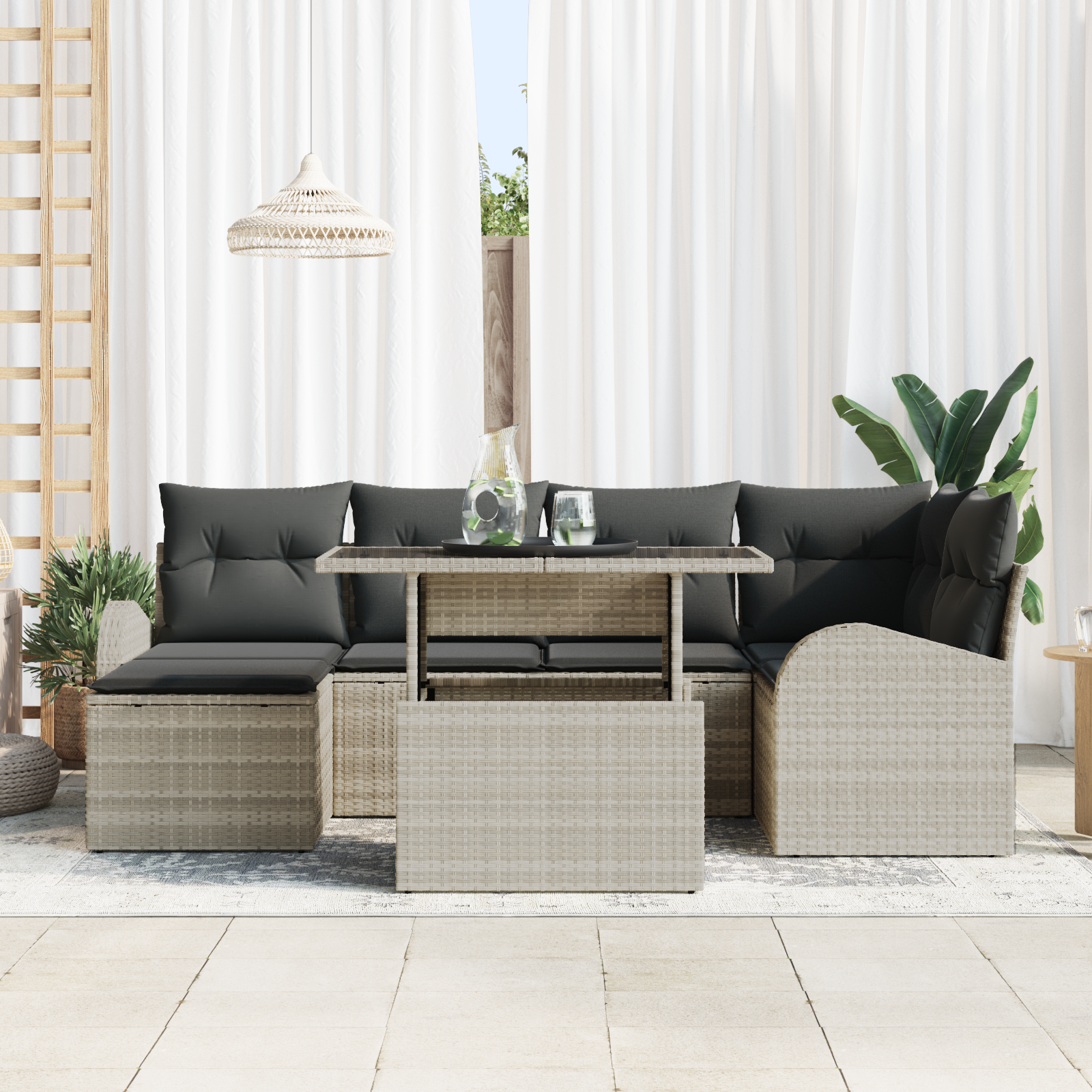 vidaXL 7-delige tuinsofa set met kussens lichtgrijs poly rattan