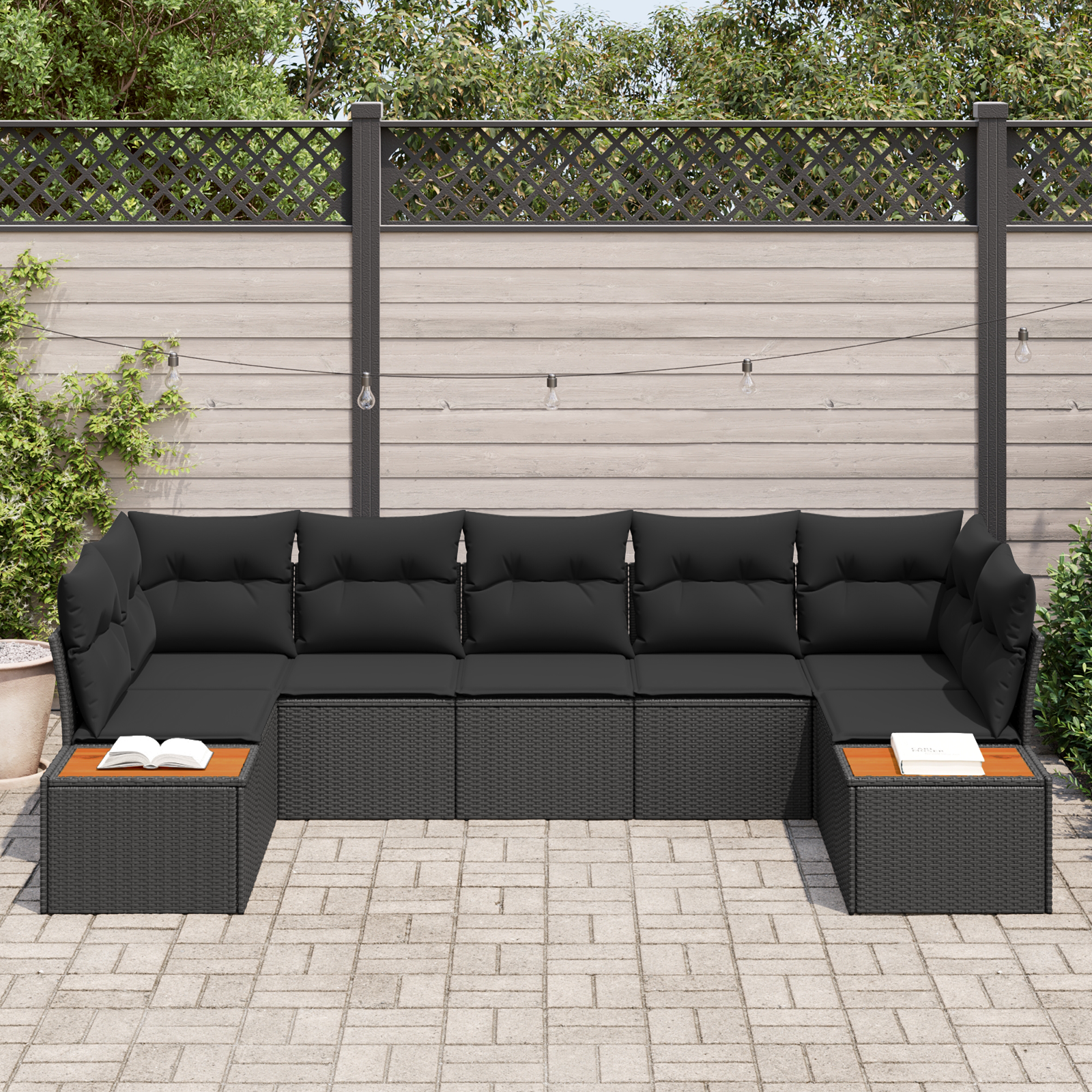 vidaXL 7-delige tuinset met kussens zwart poly rattan acacia